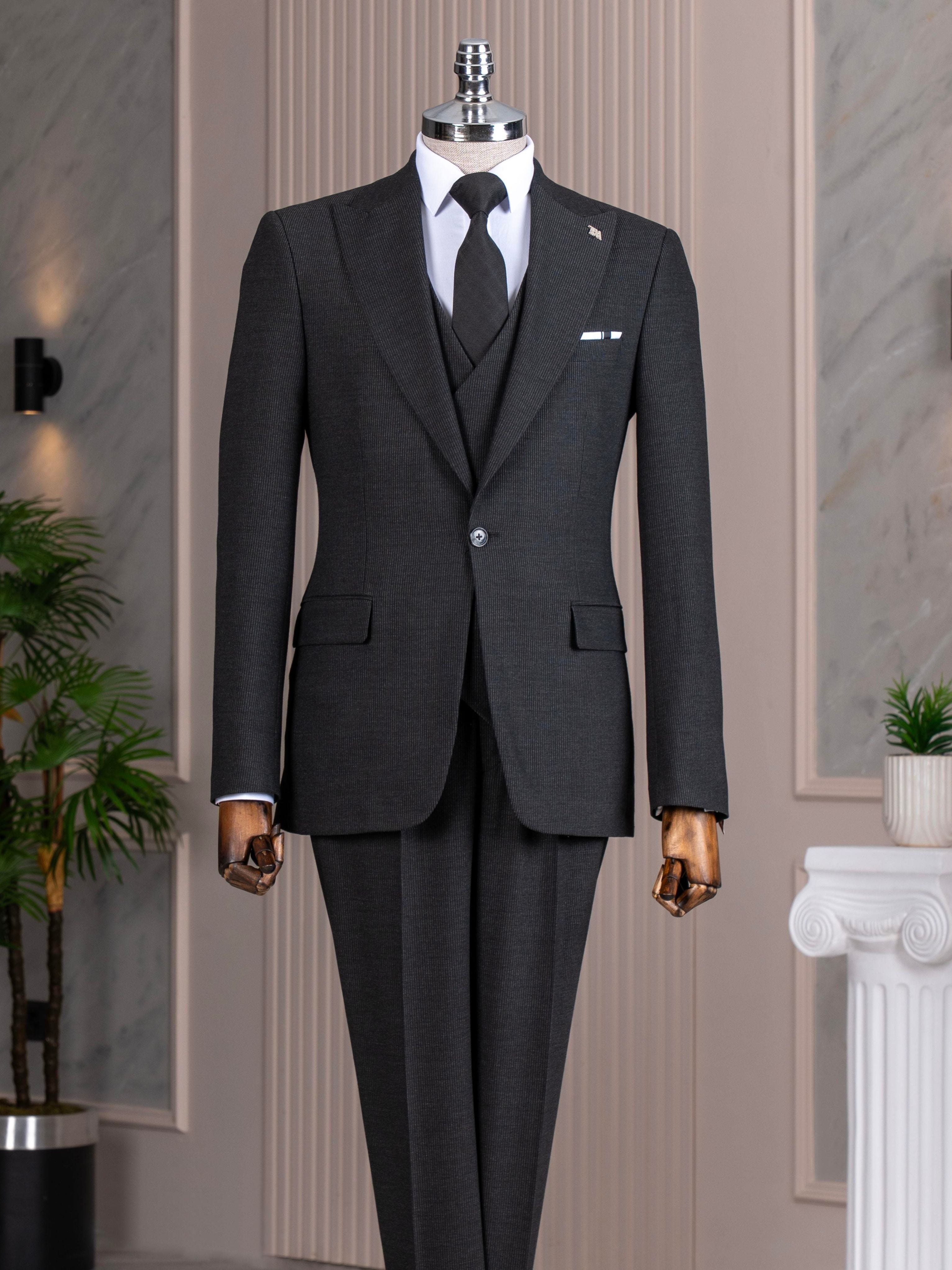 Black Striped Slim-Fit Suit 3-Piece