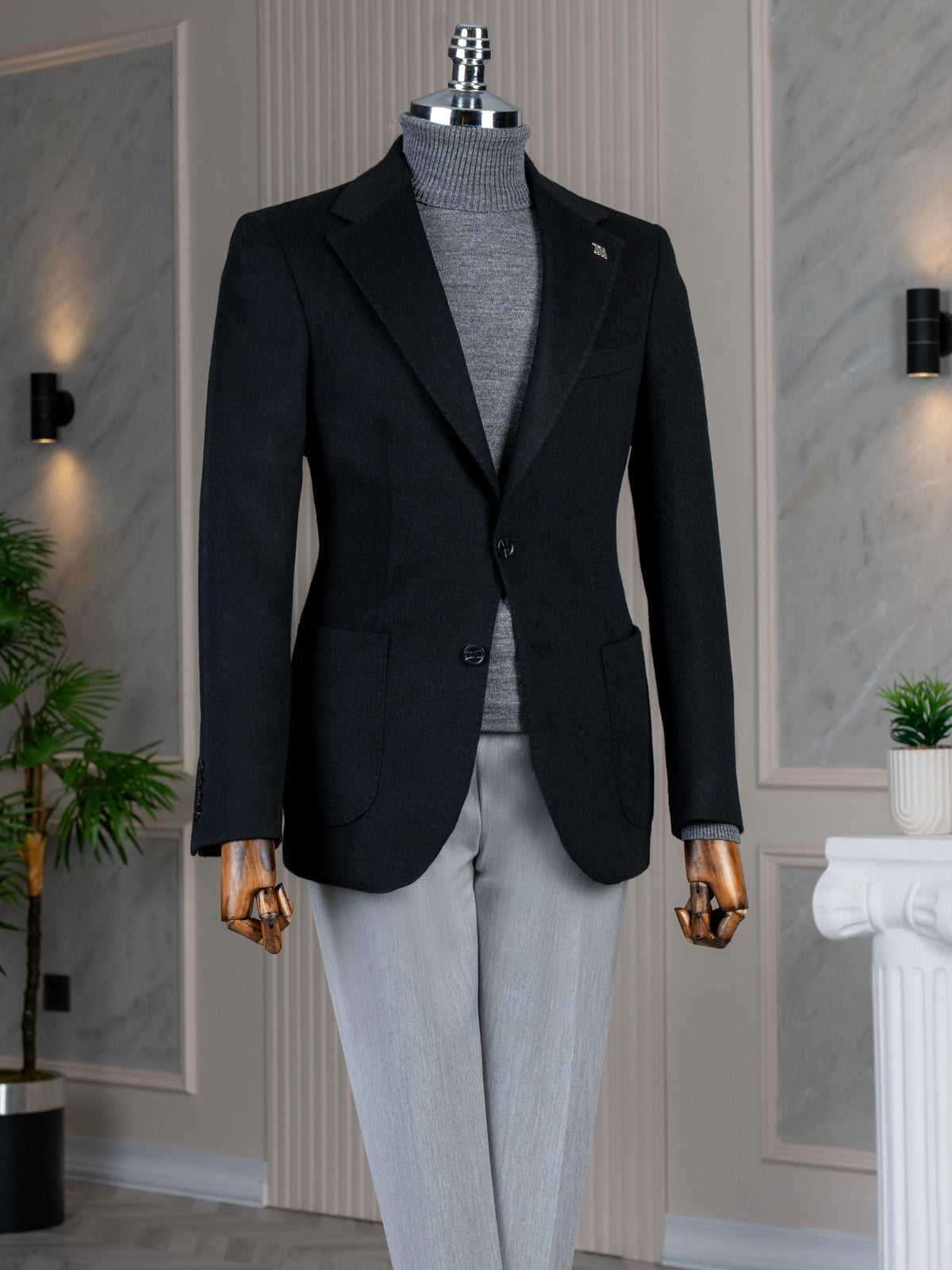 VIOSSI black single breasted blazer men's formal jacket front view tuxedo double breasted style