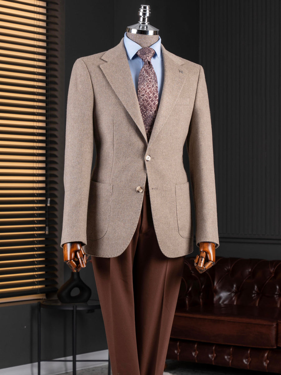 VIOSSI beige single breasted blazer front view - men double breasted blazer style in neutral tan color