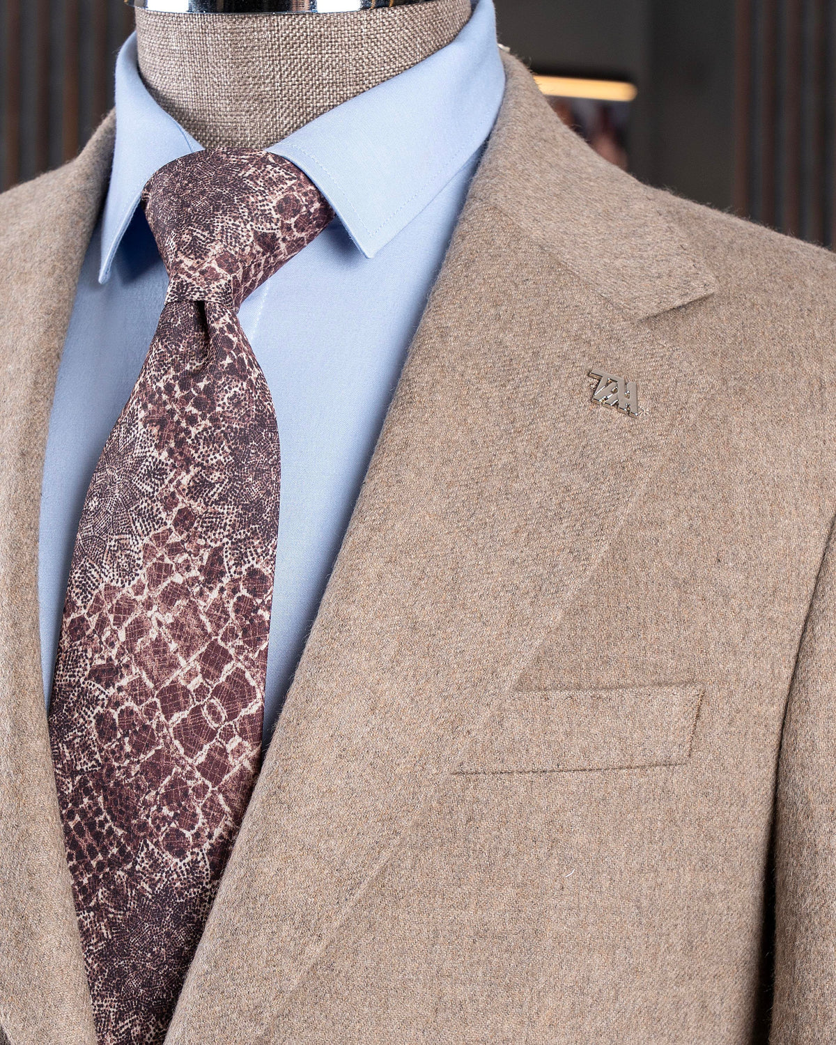 VIOSSI beige single breasted blazer front view - men double breasted blazer style with notched lapels and button closure