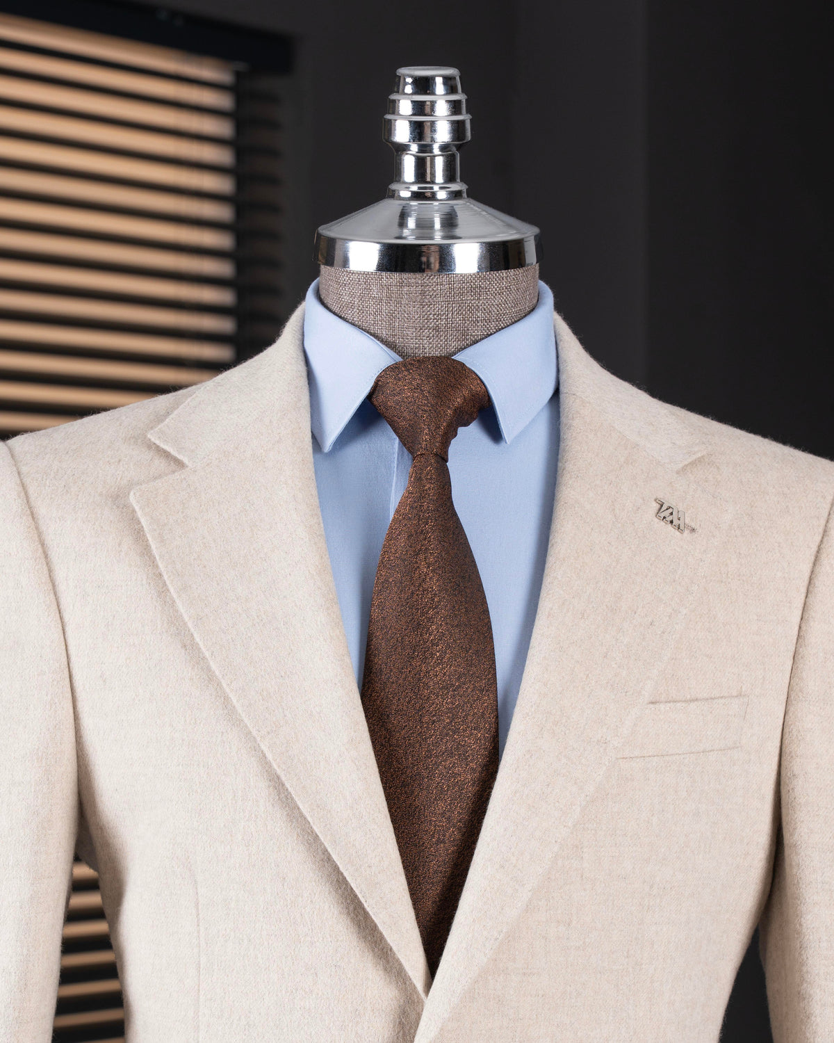 VIOSSI beige single breasted blazer front view - men double breasted blazer style tuxedo double breasted design