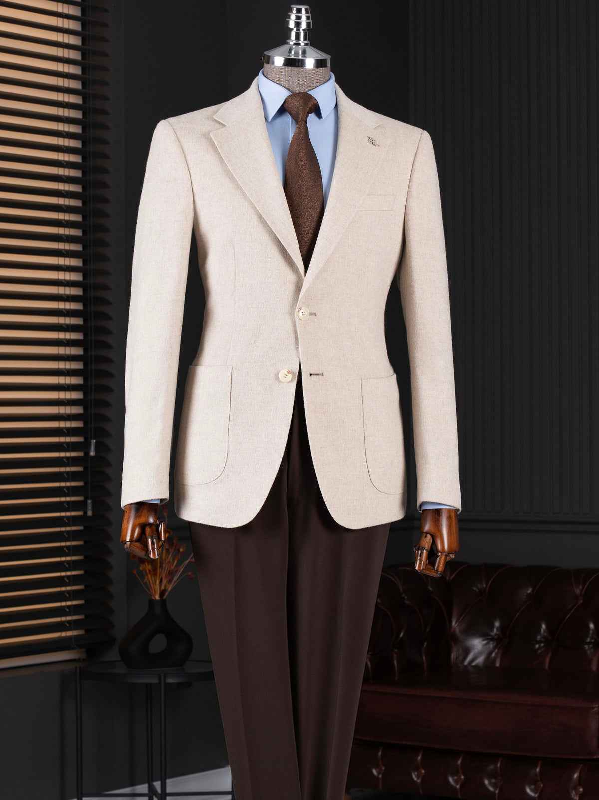 VIOSSI beige single breasted blazer front view - men double breasted blazer style with notched lapels and button closure