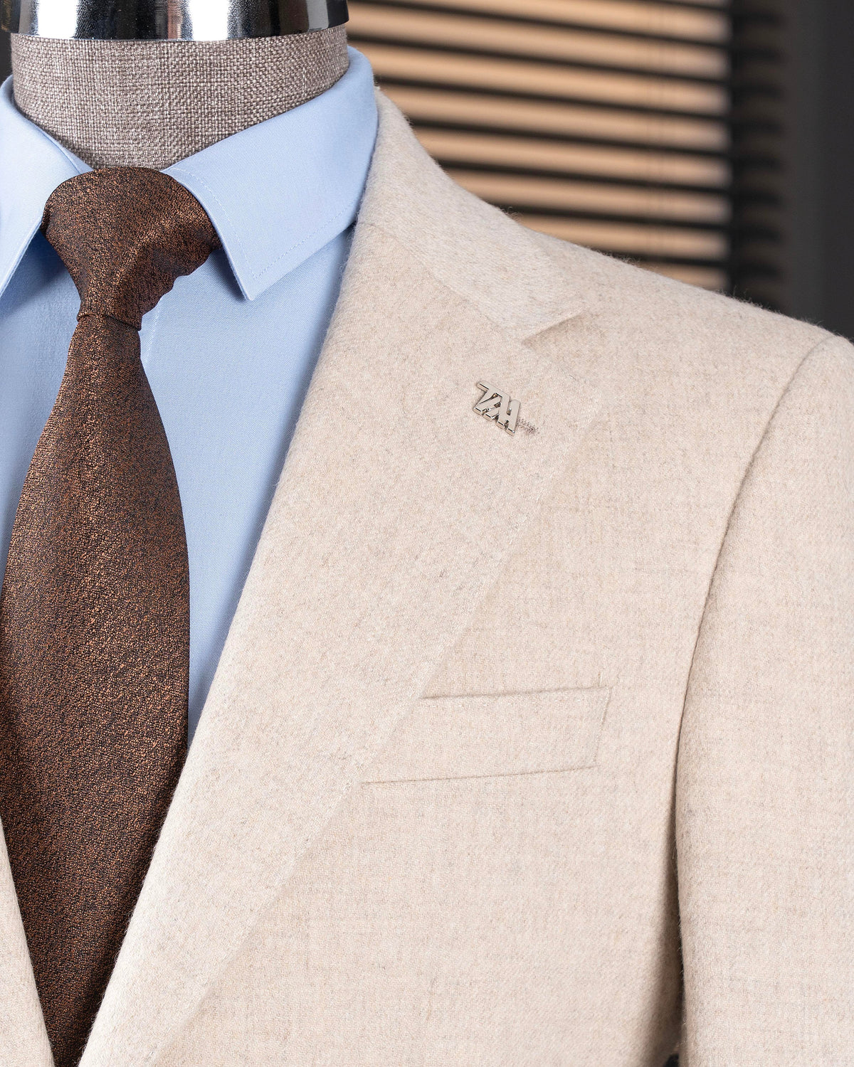 VIOSSI beige single breasted blazer front view - men double breasted blazer style tuxedo double breasted design
