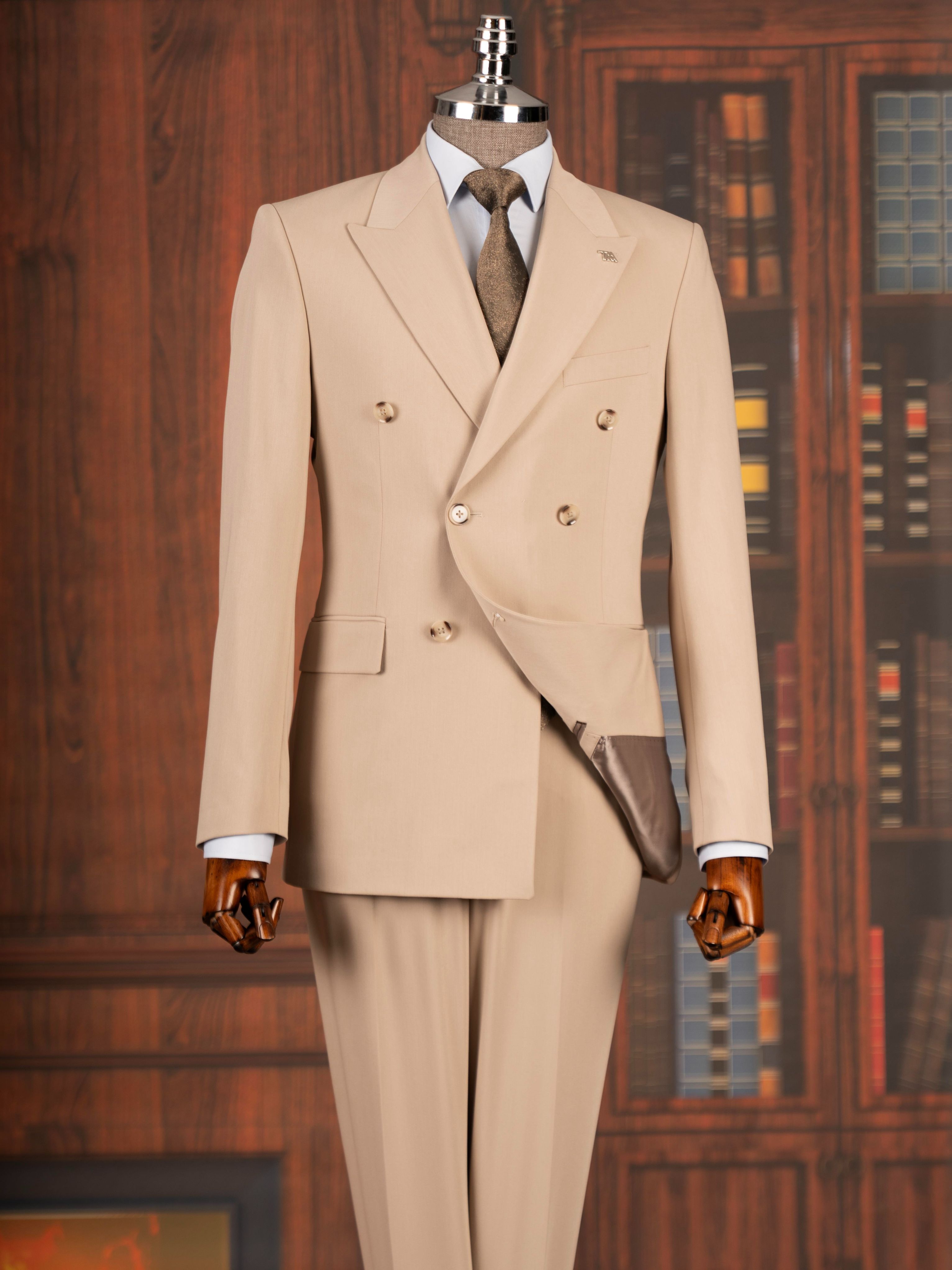 Beige Double Breasted Suit 2-Piece