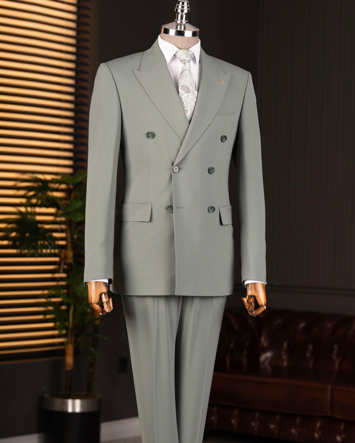 VIOSSI Khaki Double Breasted Suit 2-Piece front view - tuxedo double breasted italian suit styles menswear