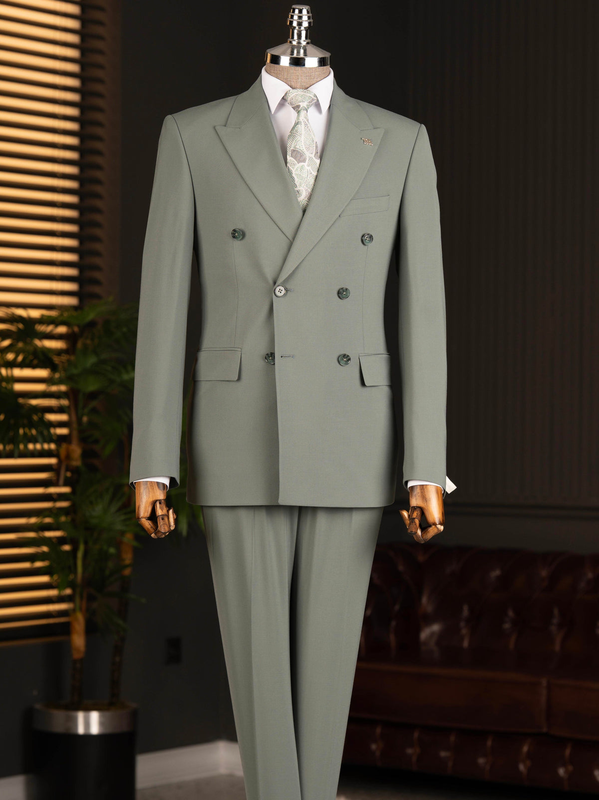 VIOSSI khaki double breasted suit 2-piece front view showing tuxedo double breasted styling with italian suit styles