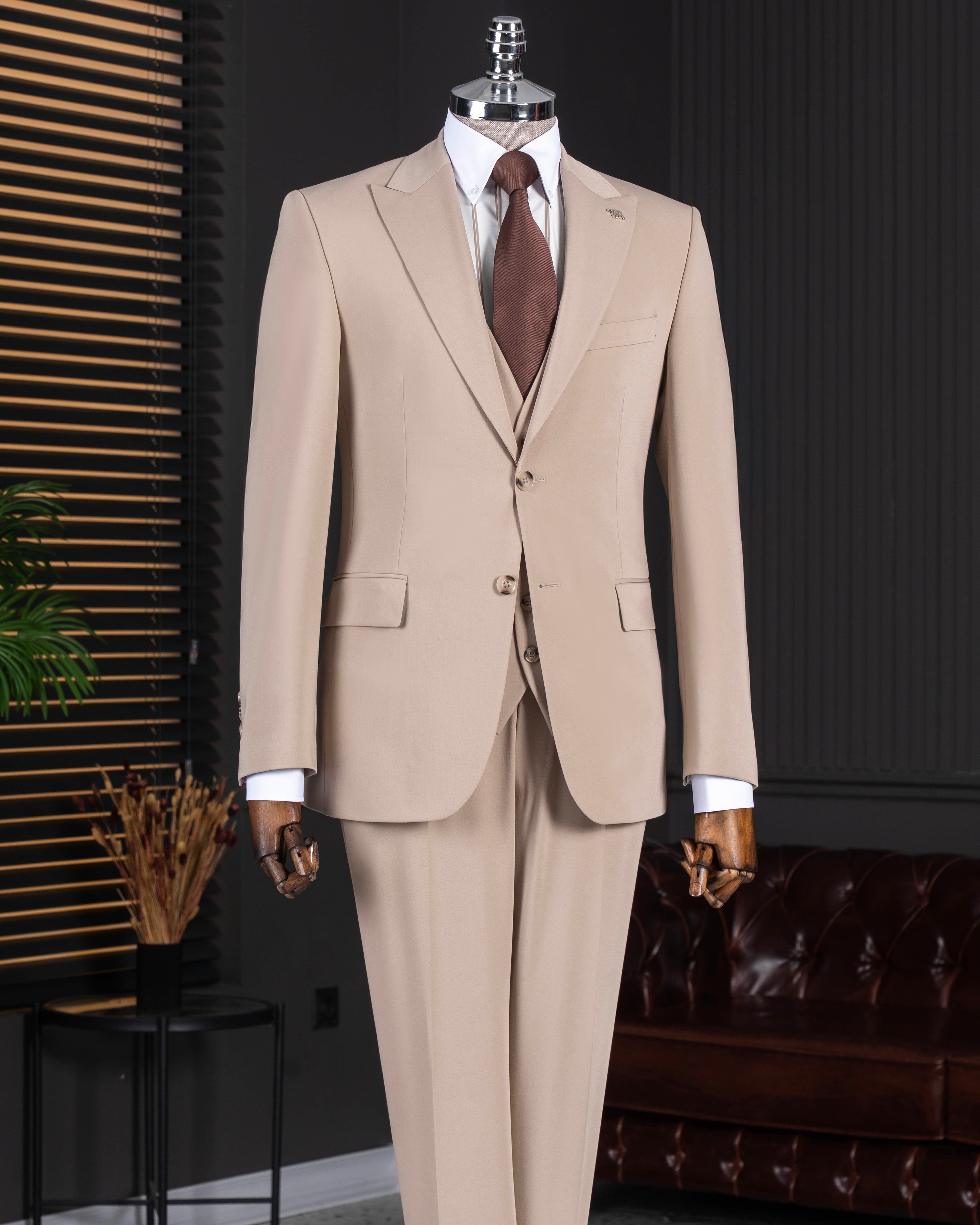 Beige slim-fit single-breasted suit – 3-piece tailored back with center vent, rear view