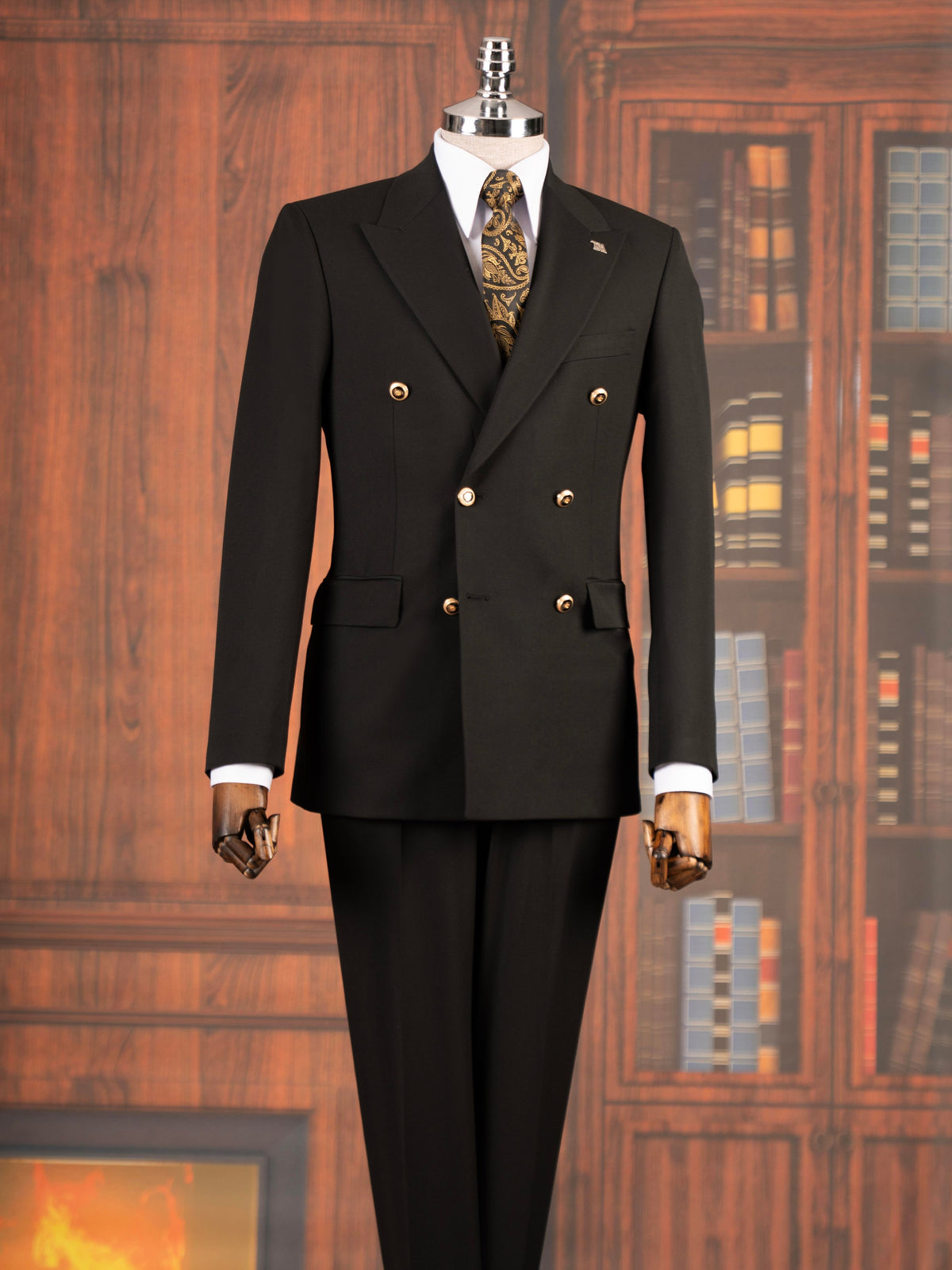 VIOSSI black tuxedo double breasted 2-piece suit front view with peaked lapels and formal styling