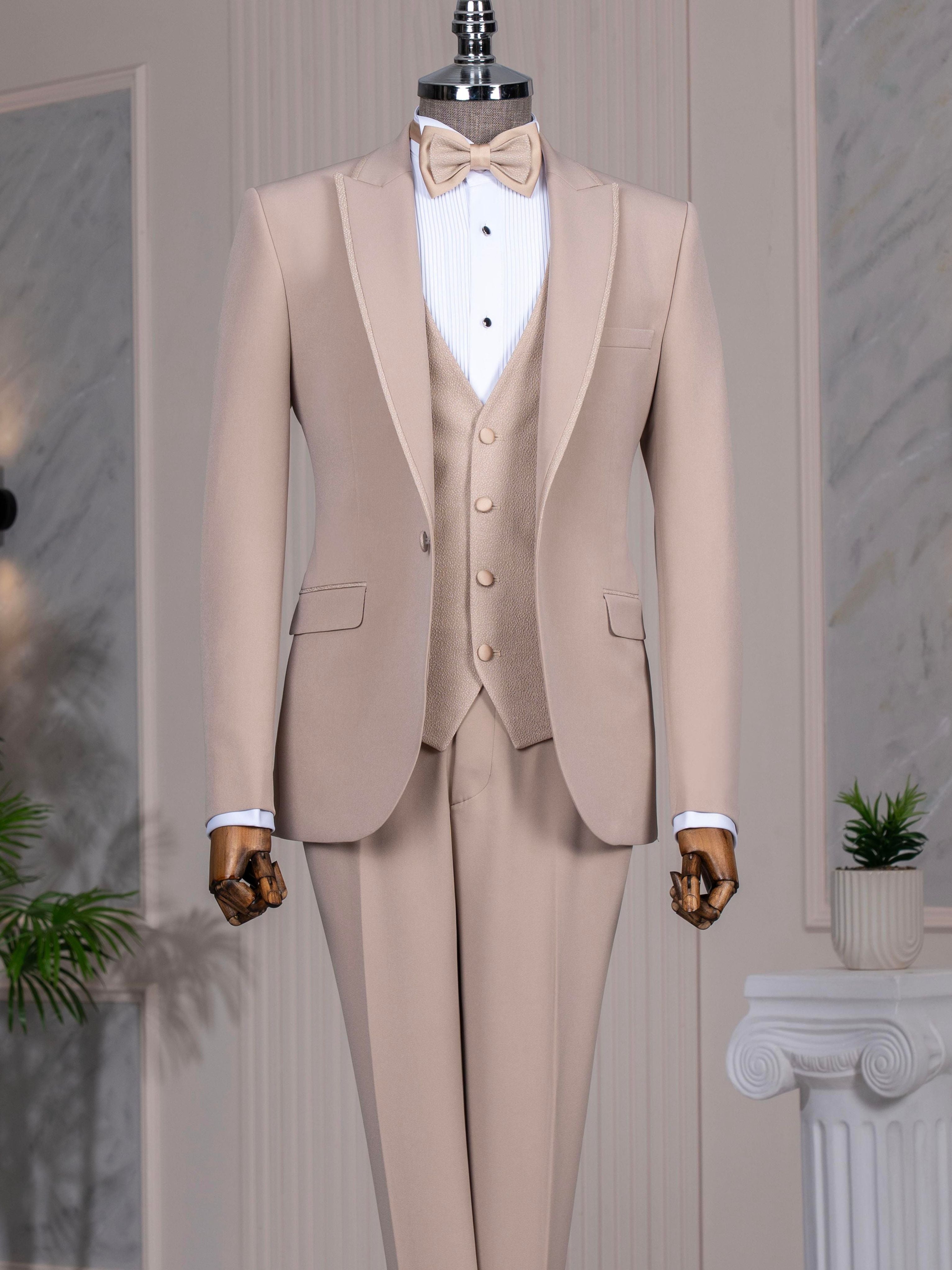 Beige Slim-Fit Tuxedo 3-Piece