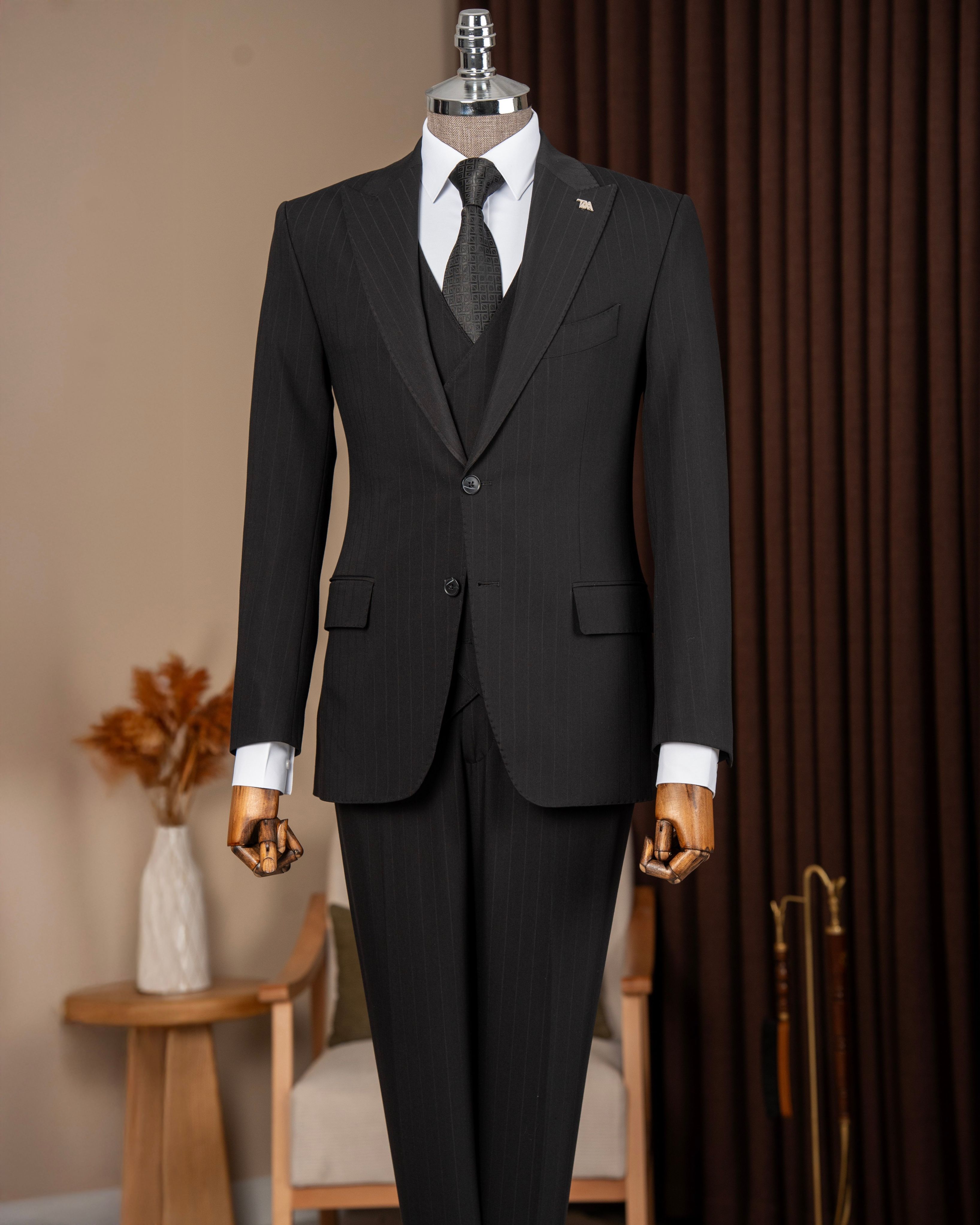 Black Striped Slim-Fit Suit 3-Piece