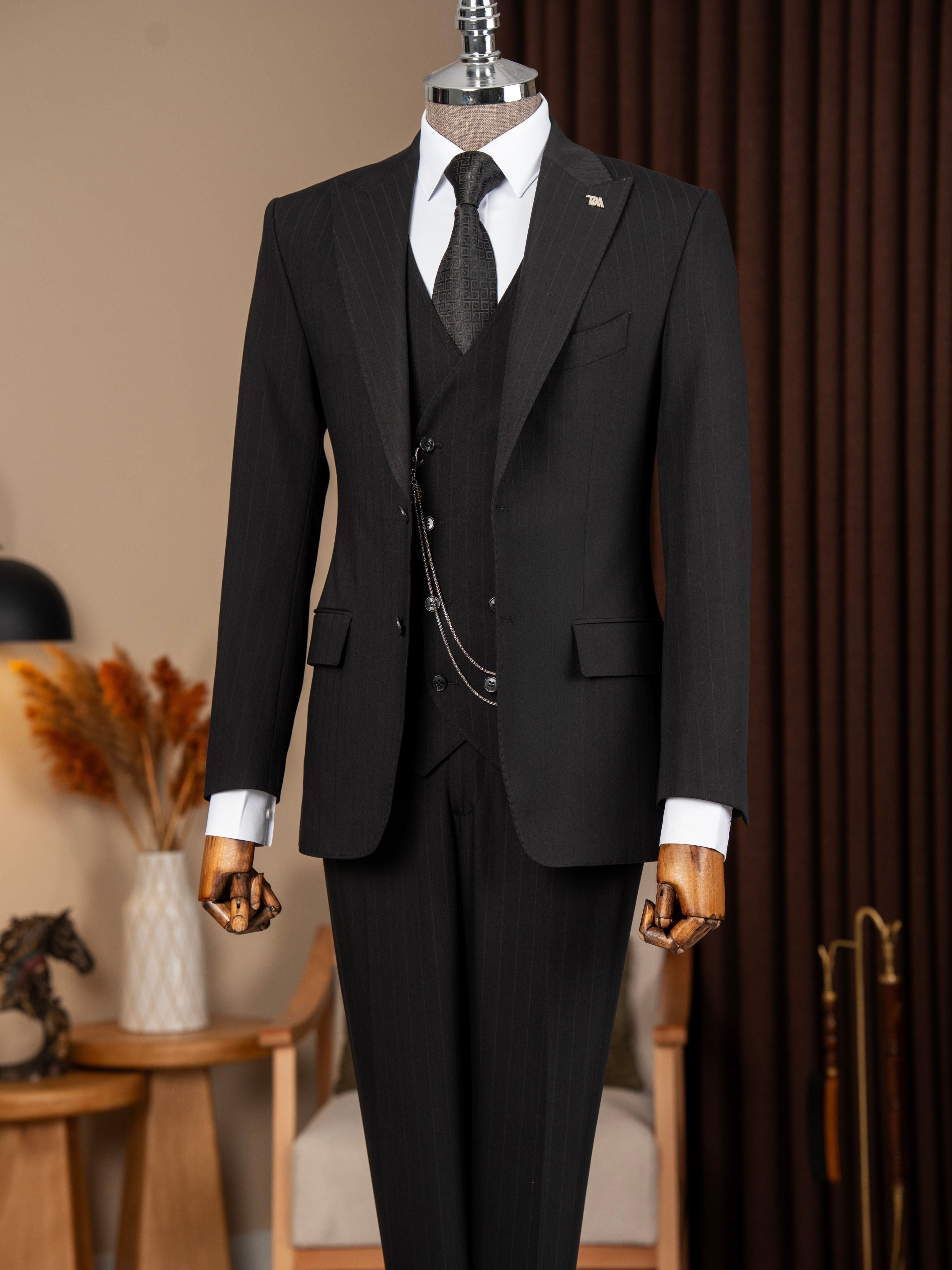 Black Striped Slim-Fit Suit 3-Piece