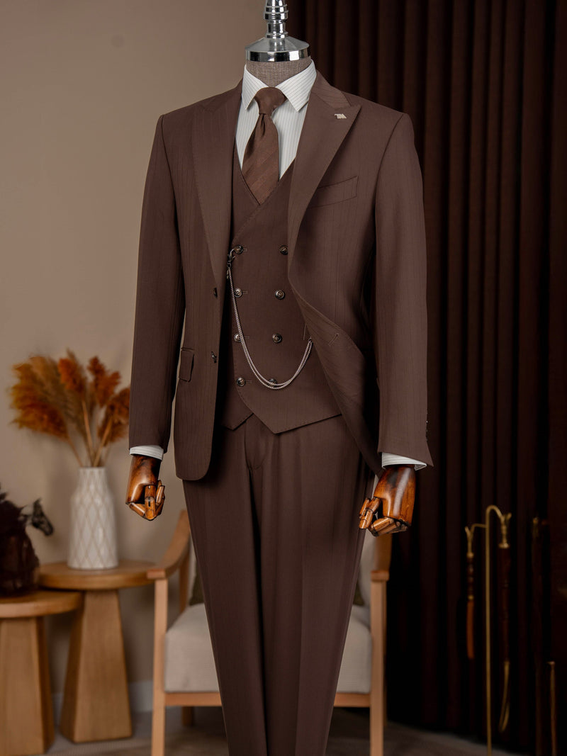 Brown Striped Slim-Fit Suit 3-Piece