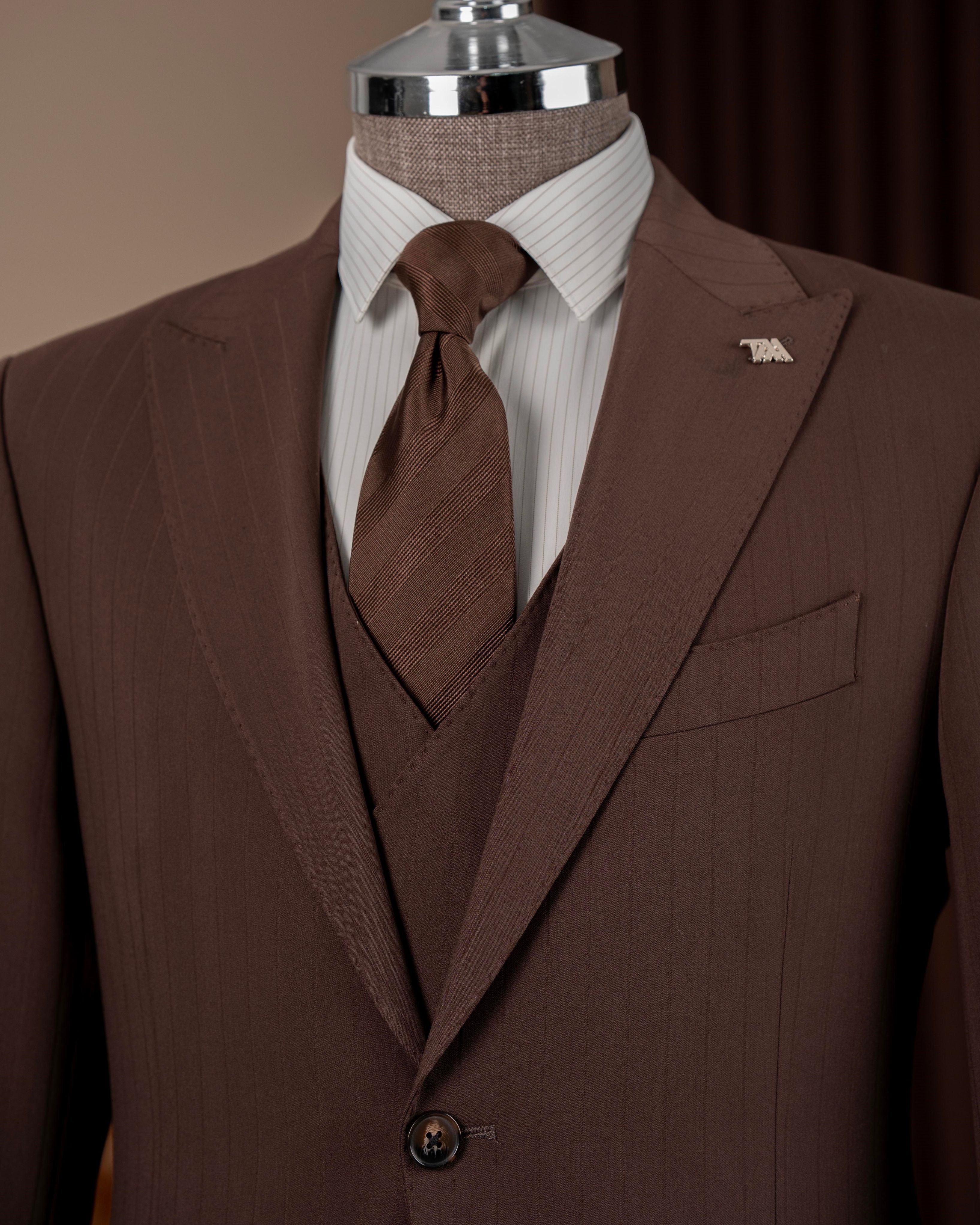 Brown Striped Slim-Fit Suit 3-Piece