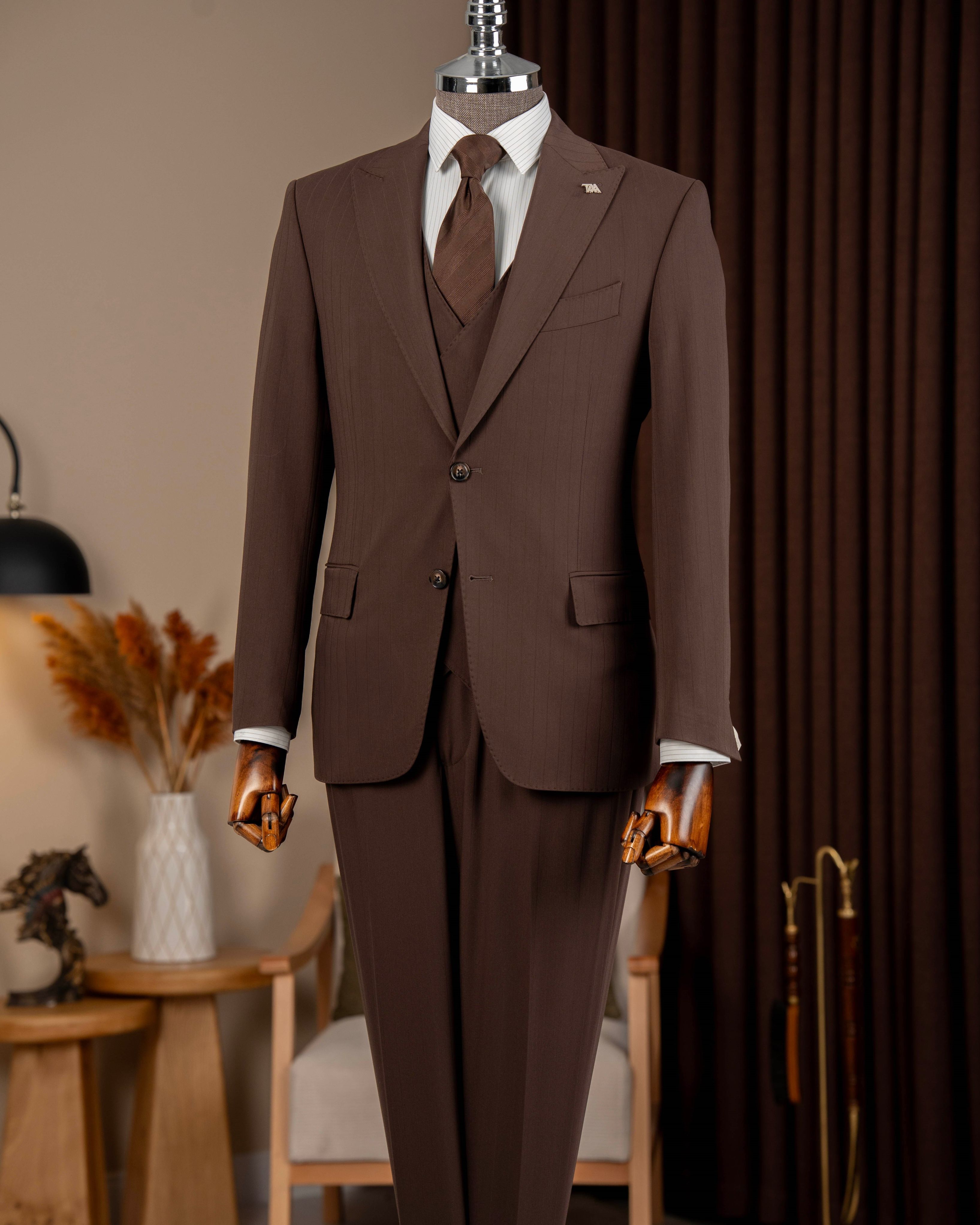 Brown Striped Slim-Fit Suit 3-Piece