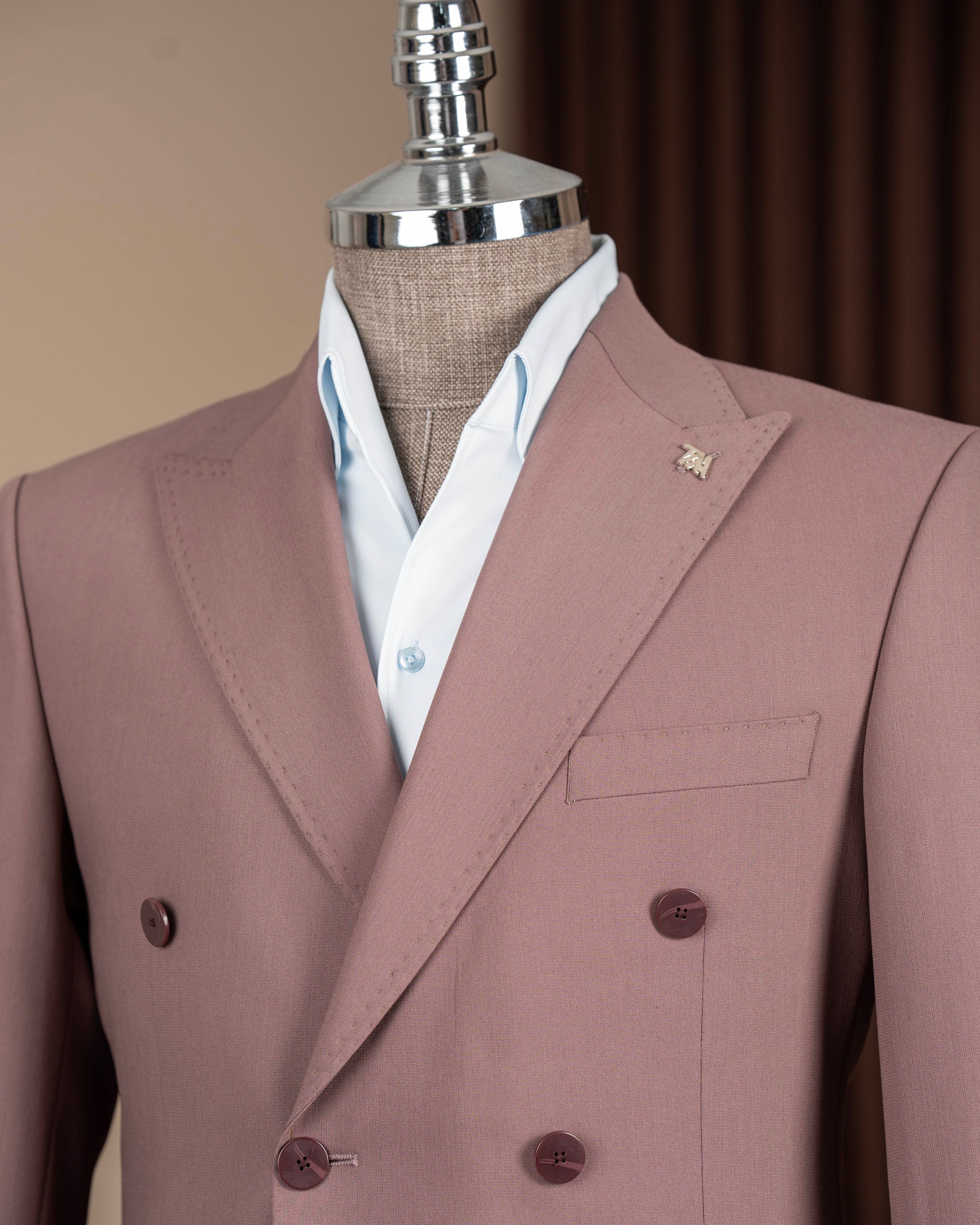 Dusty pink double-breasted suit – two-piece showing back panel and jacket seaming