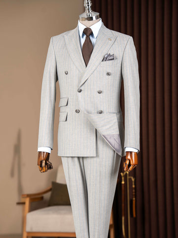 Grey Striped Double Breasted Suit 2-Piece