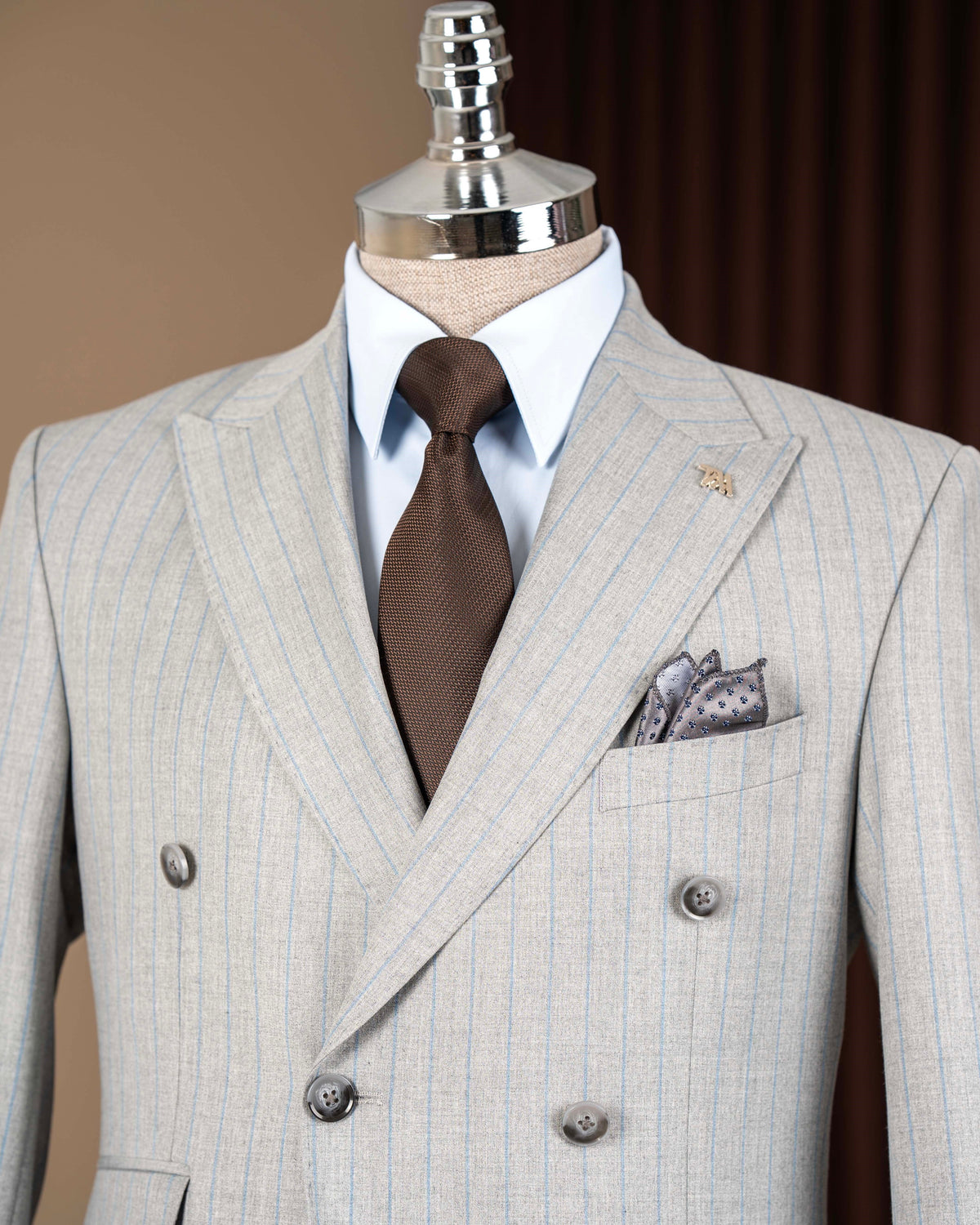 Grey striped double-breasted suit – back view displaying jacket seams and fit