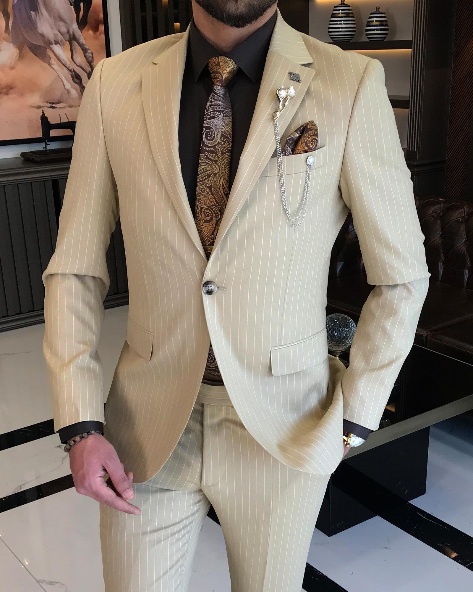 Beige Striped Slim-Fit Suit 2-Piece