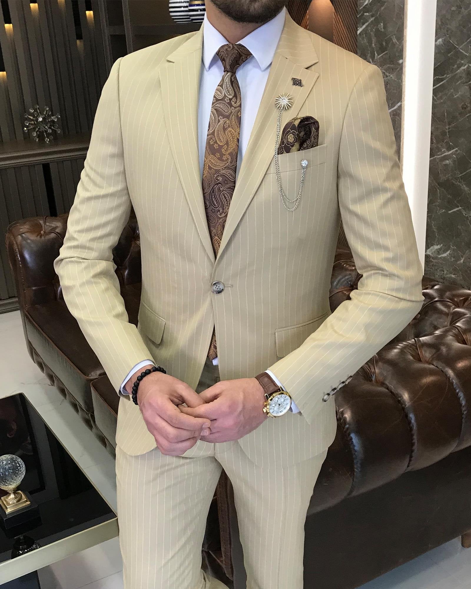 Beige Striped Slim-Fit Suit 2-Piece