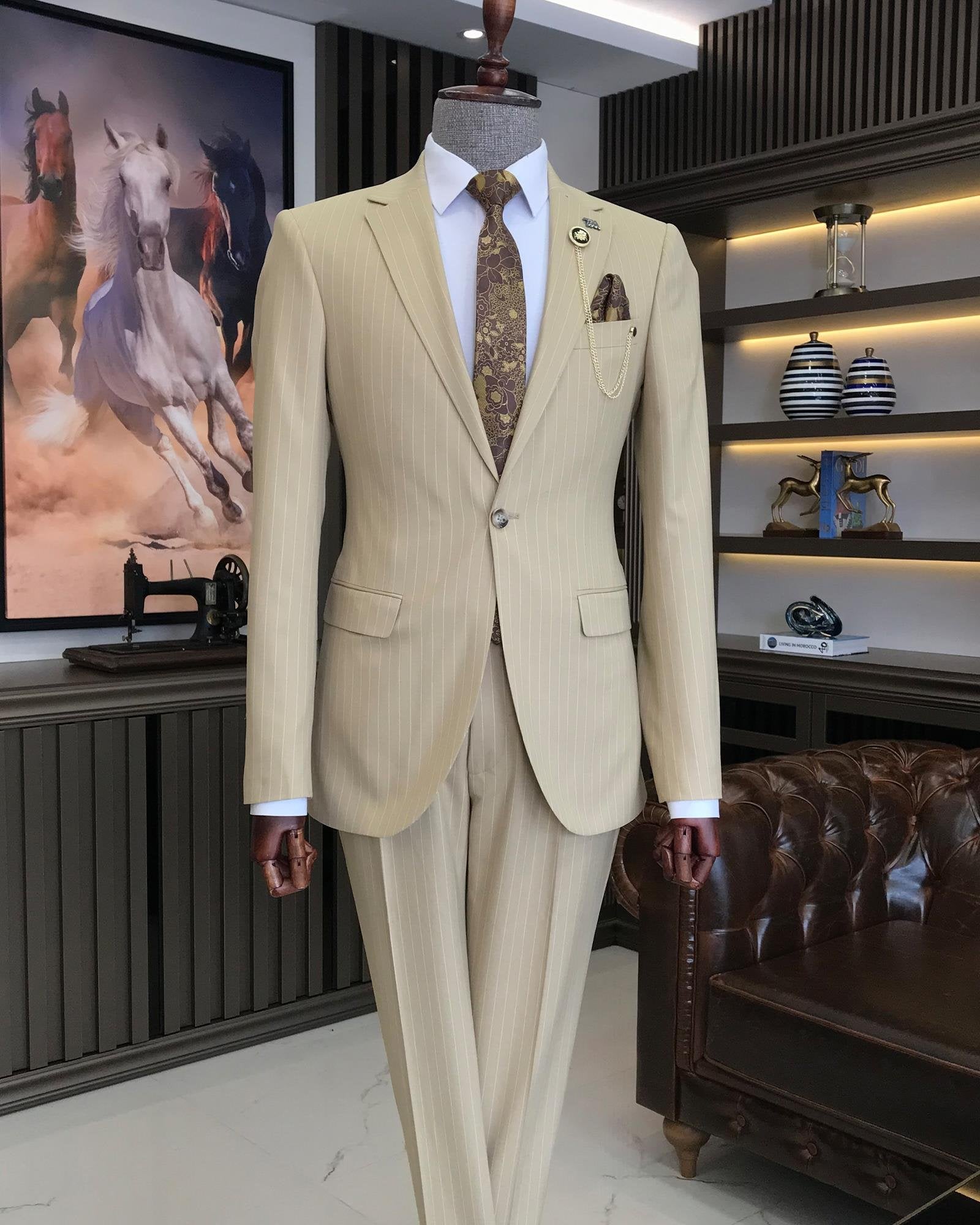 Beige Striped Slim-Fit Suit 2-Piece