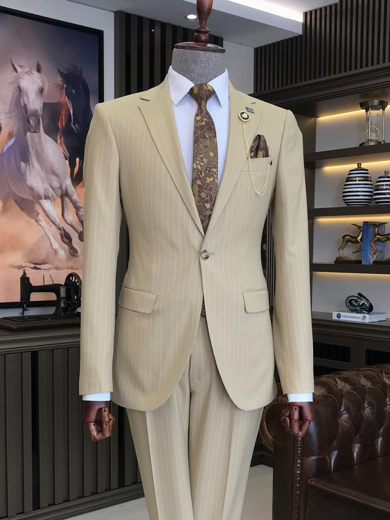 Beige Striped Slim-Fit Suit 2-Piece