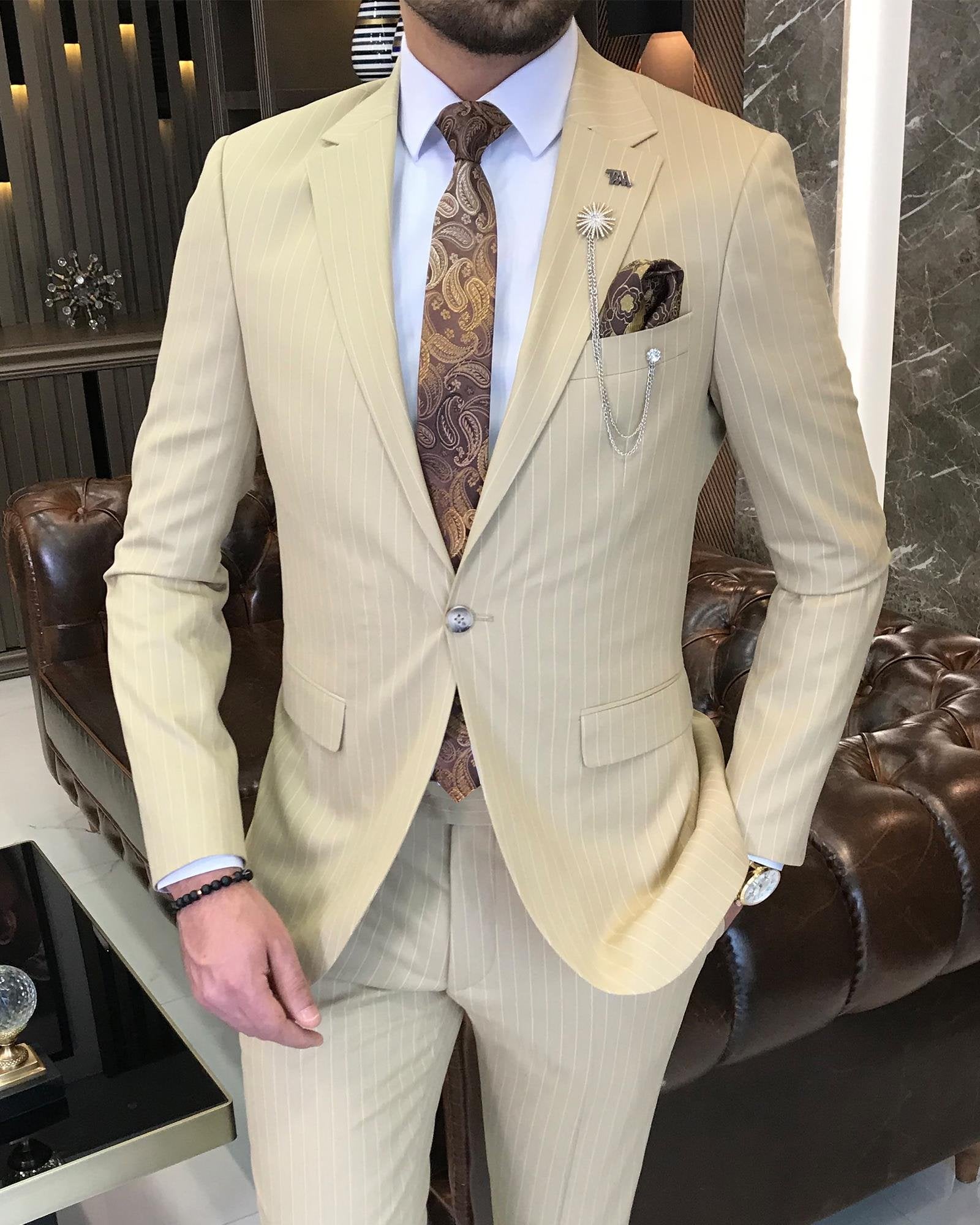 Beige Striped Slim-Fit Suit 2-Piece