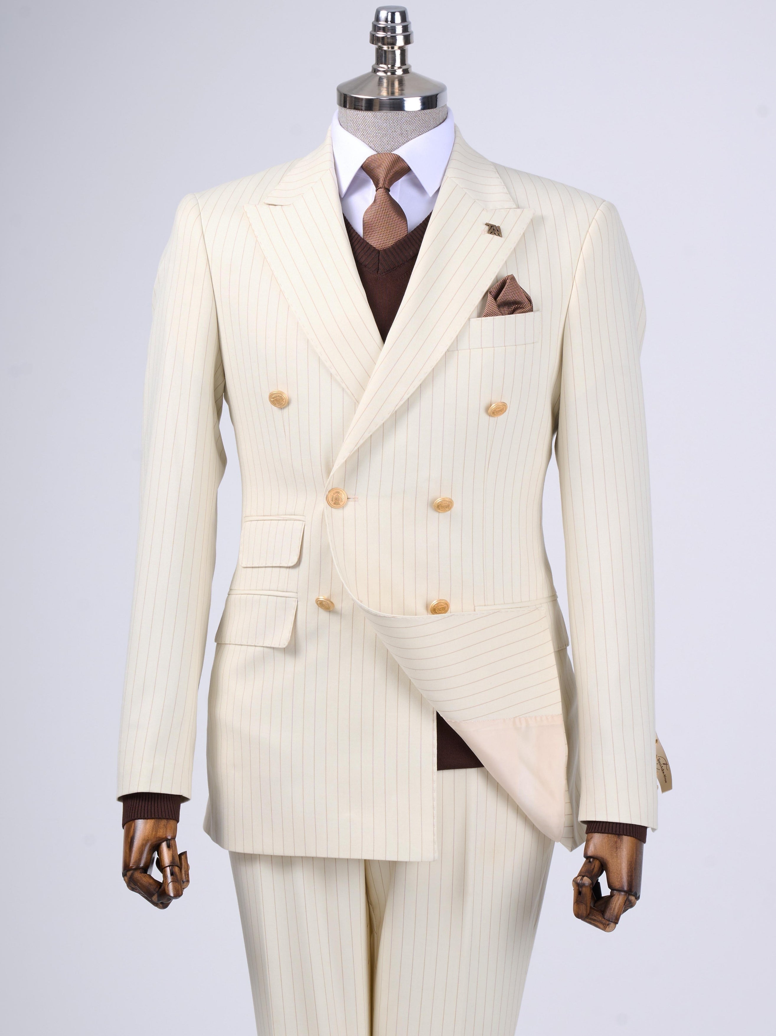 Beige Striped Double Breasted Suit 2-Piece