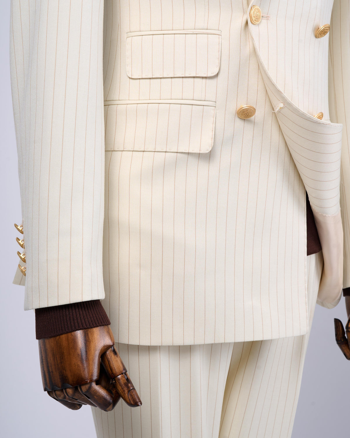 VIOSSI beige striped double breasted suit 2-piece front view - tuxedo double breasted italian suit styles menswear