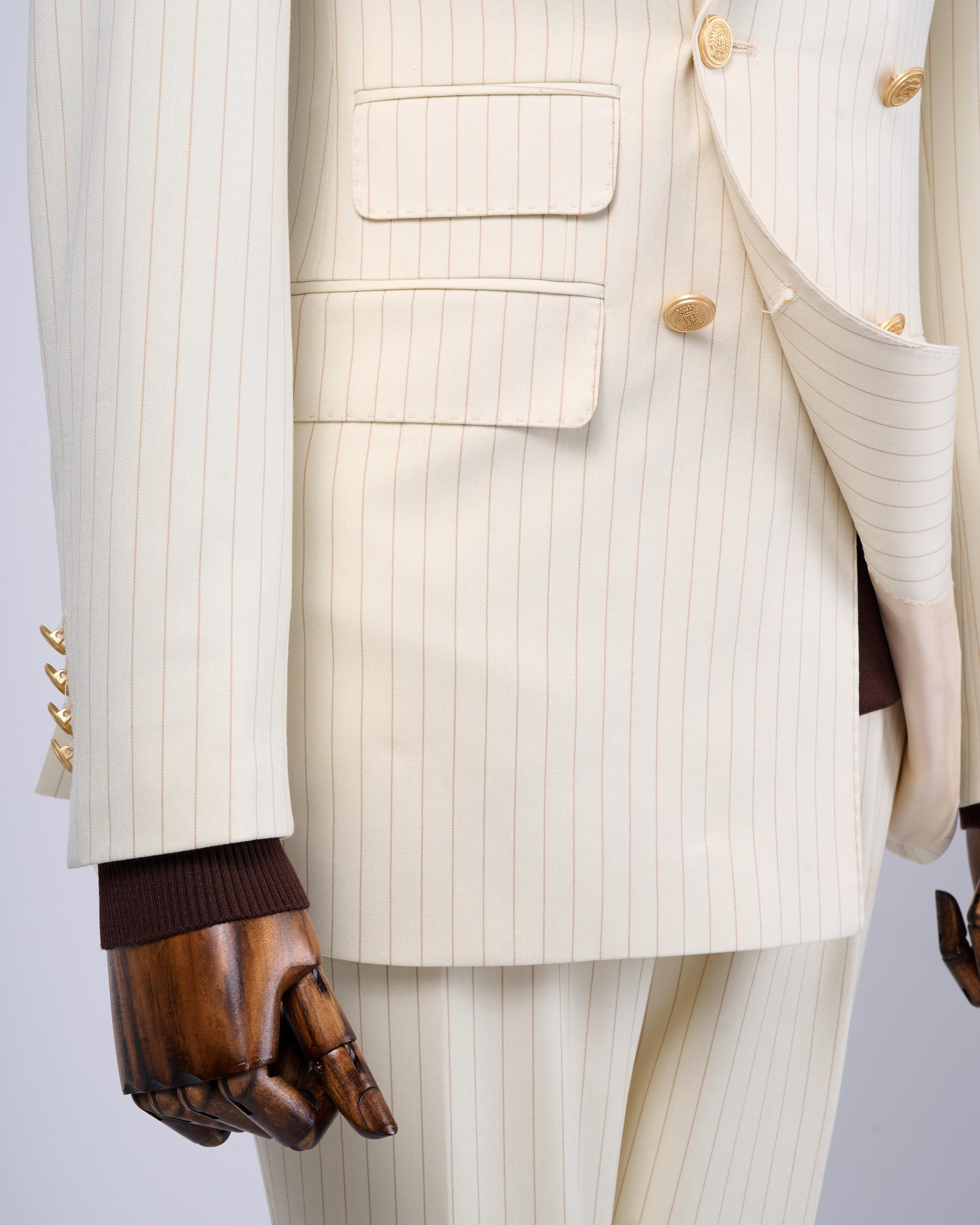 Beige Striped Double Breasted Suit 2-Piece