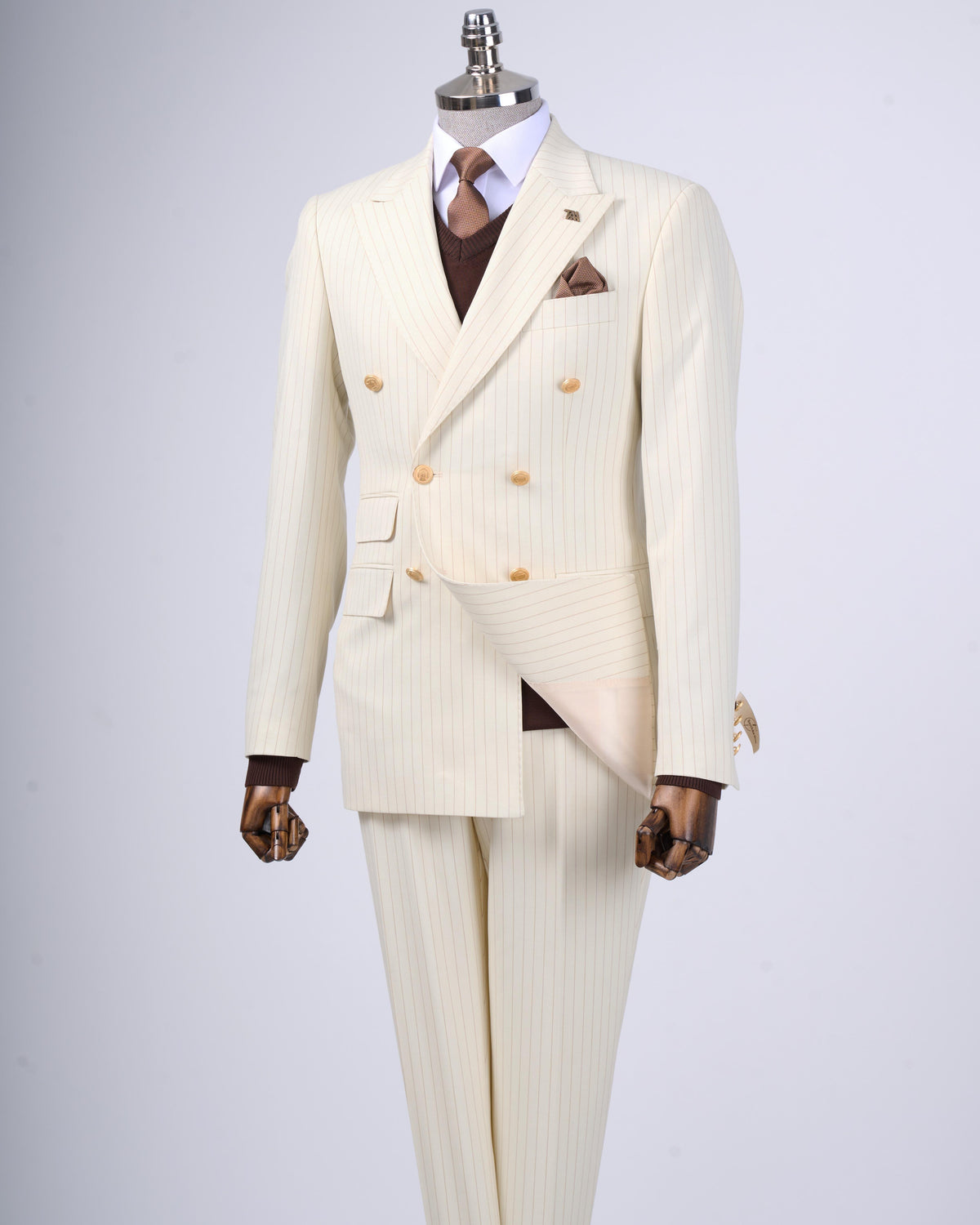 VIOSSI beige striped tuxedo double breasted 2-piece suit front view - italian suit styles menswear