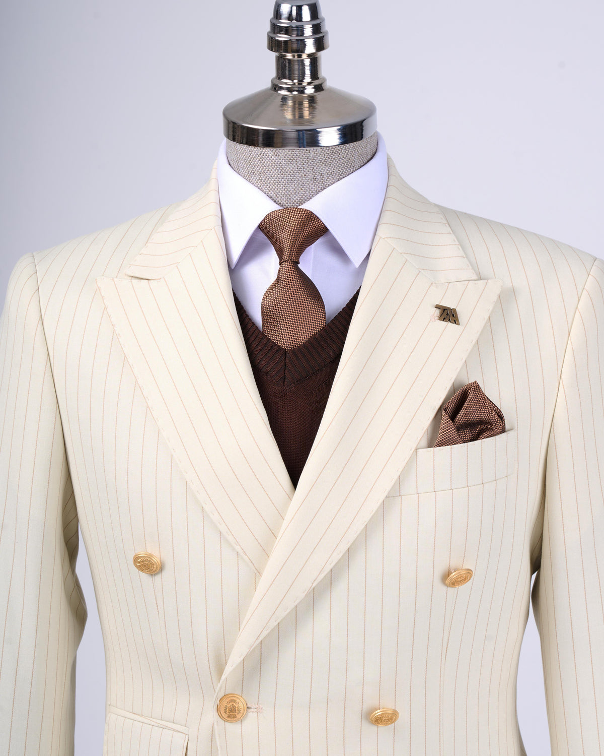 VIOSSI beige striped double breasted suit 2-piece front view - italian suit styles tuxedo double breasted menswear