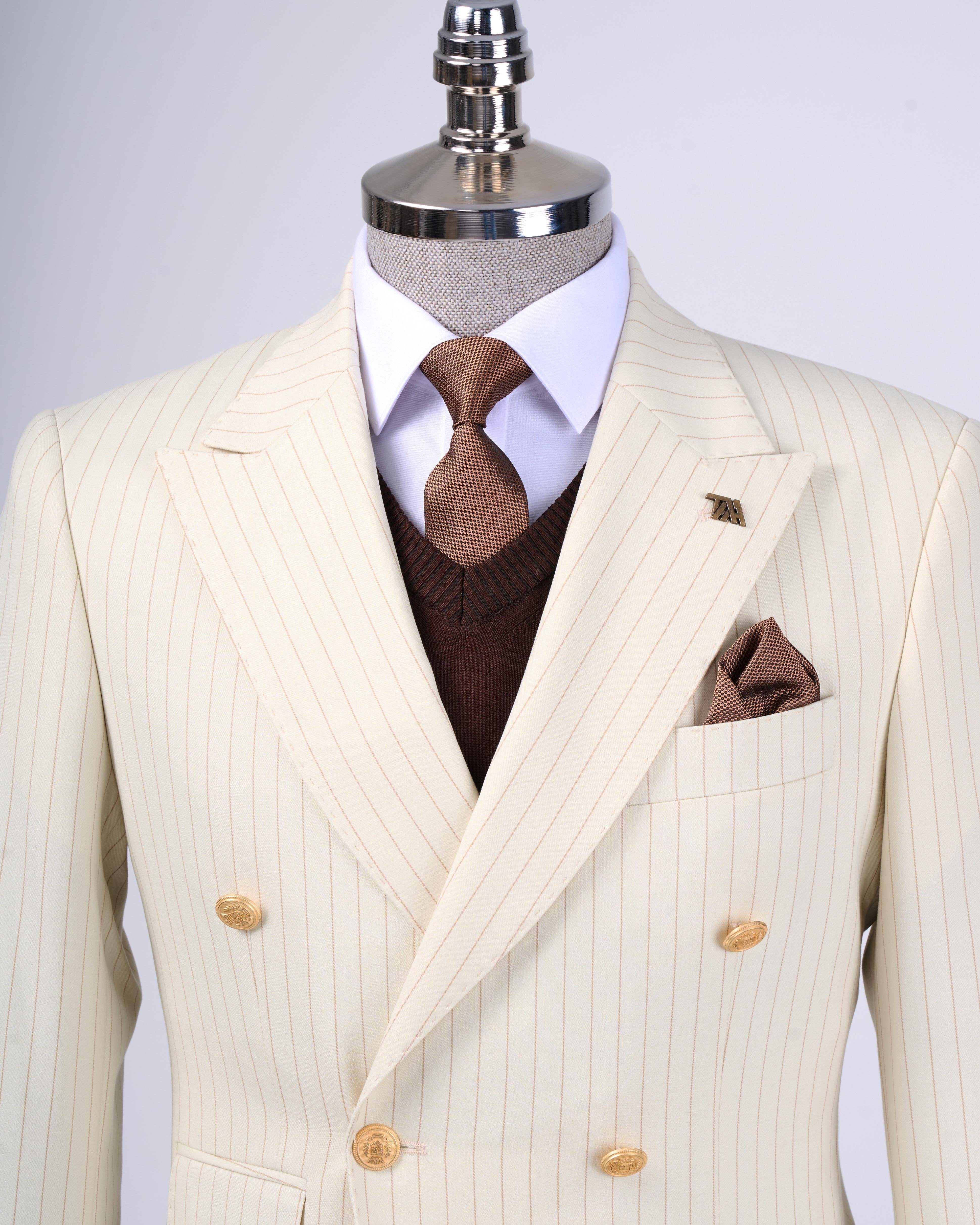 Beige Striped Double Breasted Suit 2-Piece