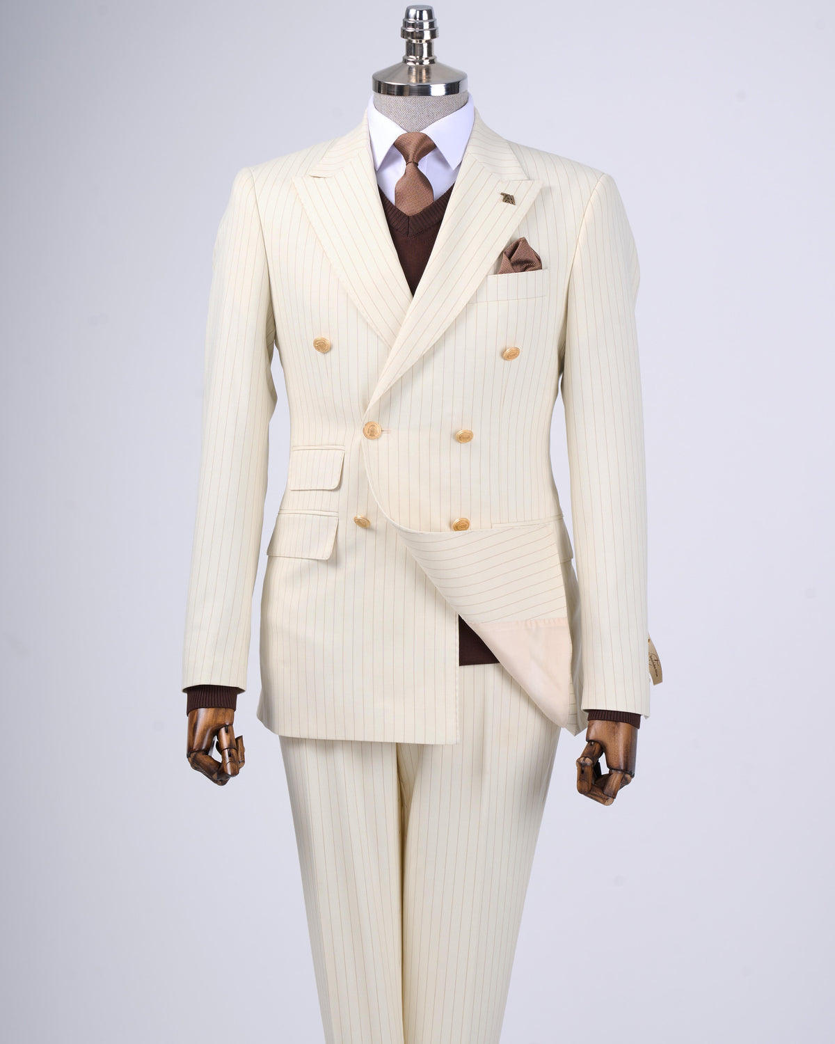 VIOSSI beige striped double breasted suit 2-piece front view - italian suit styles with classic tuxedo double breasted design
