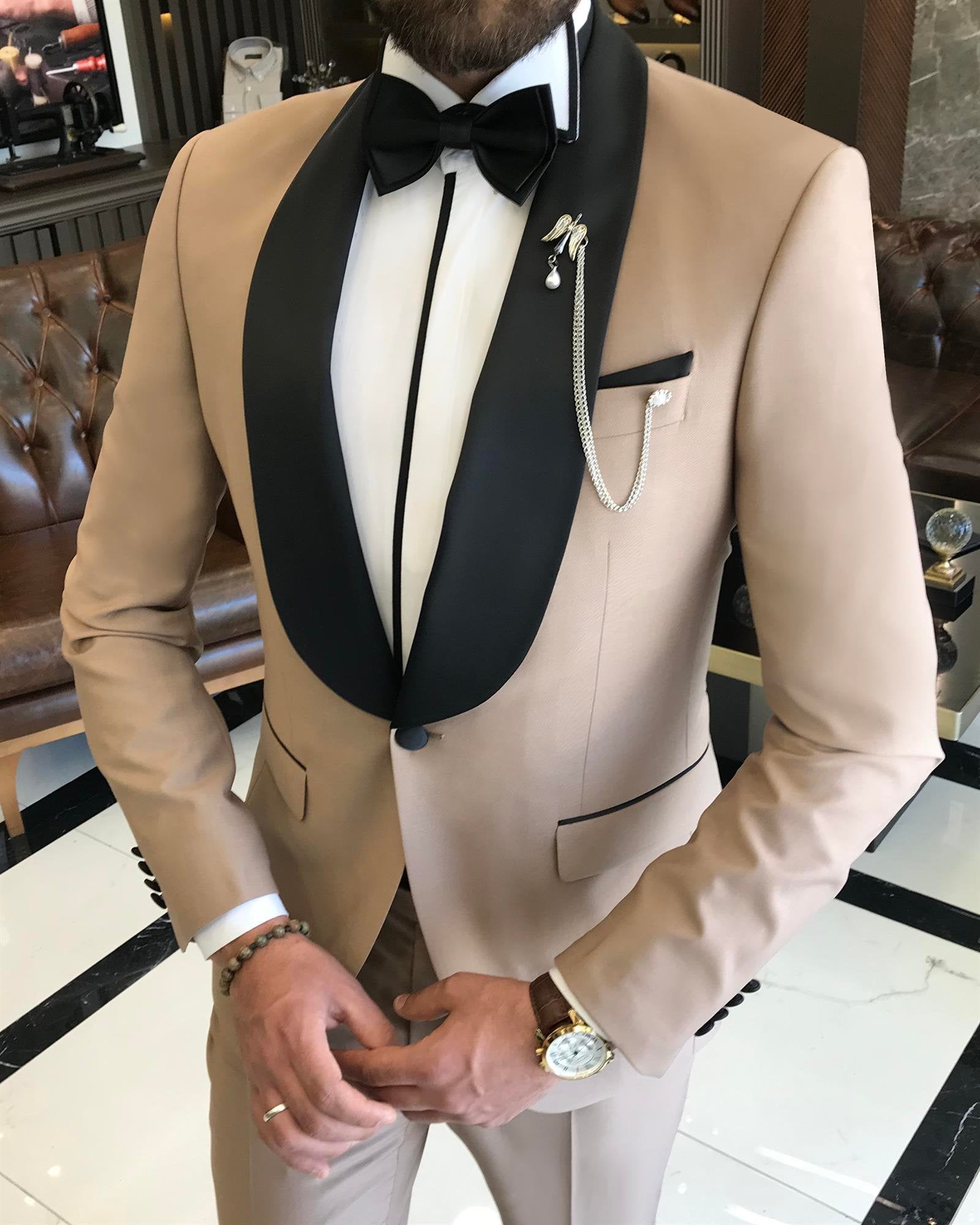 Beige Slim-Fit Tuxedo 2-Piece