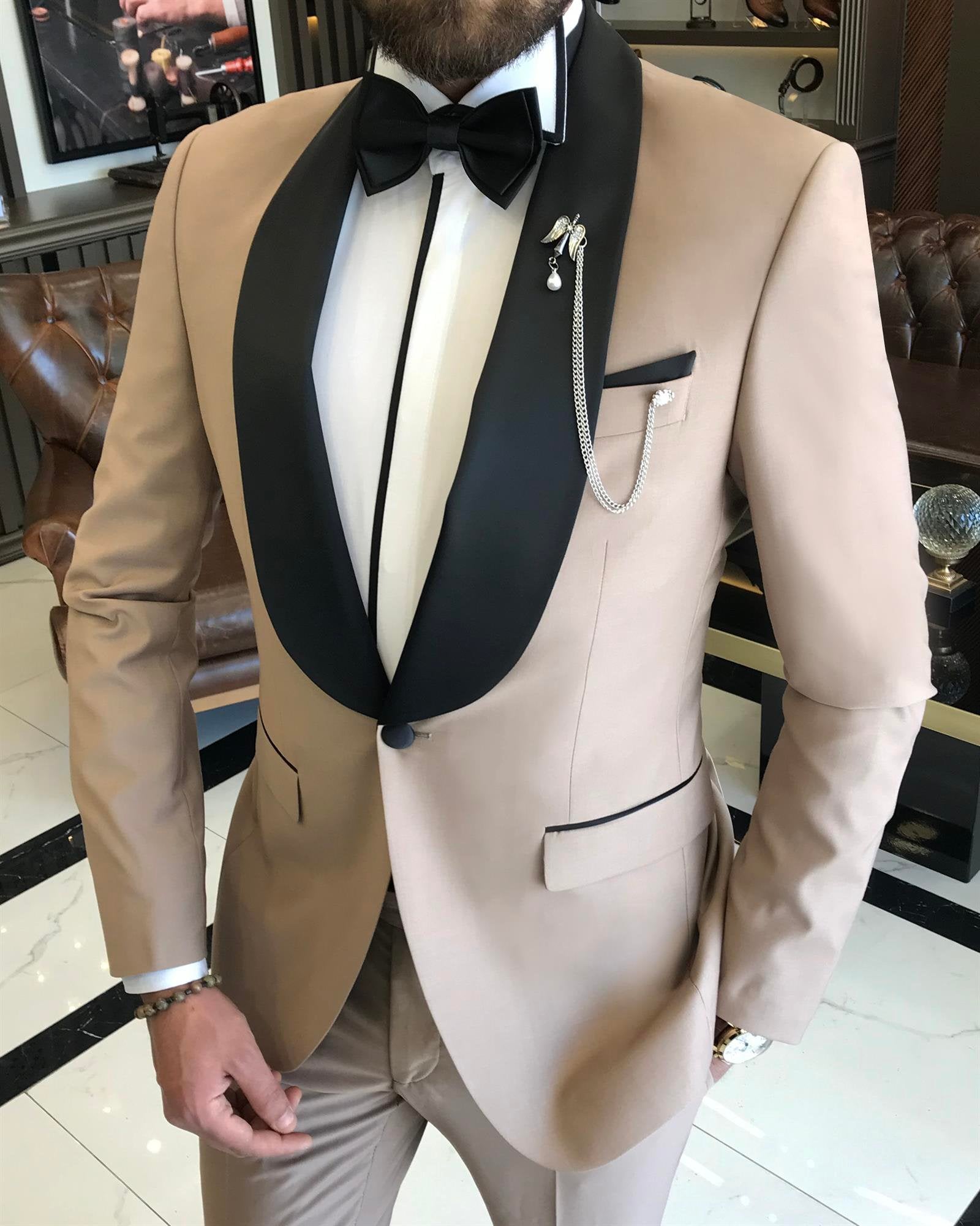 Beige Slim-Fit Tuxedo 2-Piece