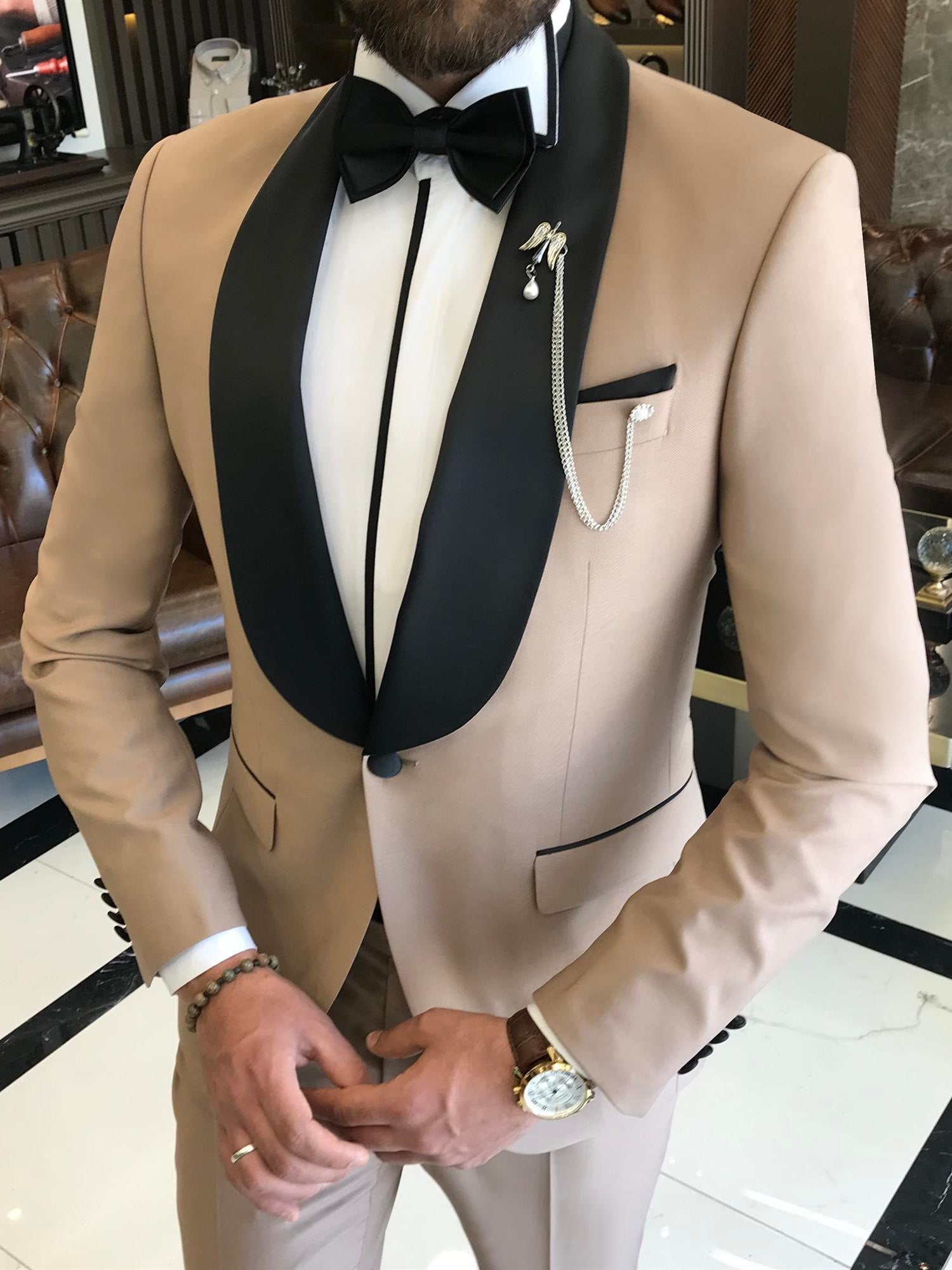 Beige Slim-Fit Tuxedo 2-Piece