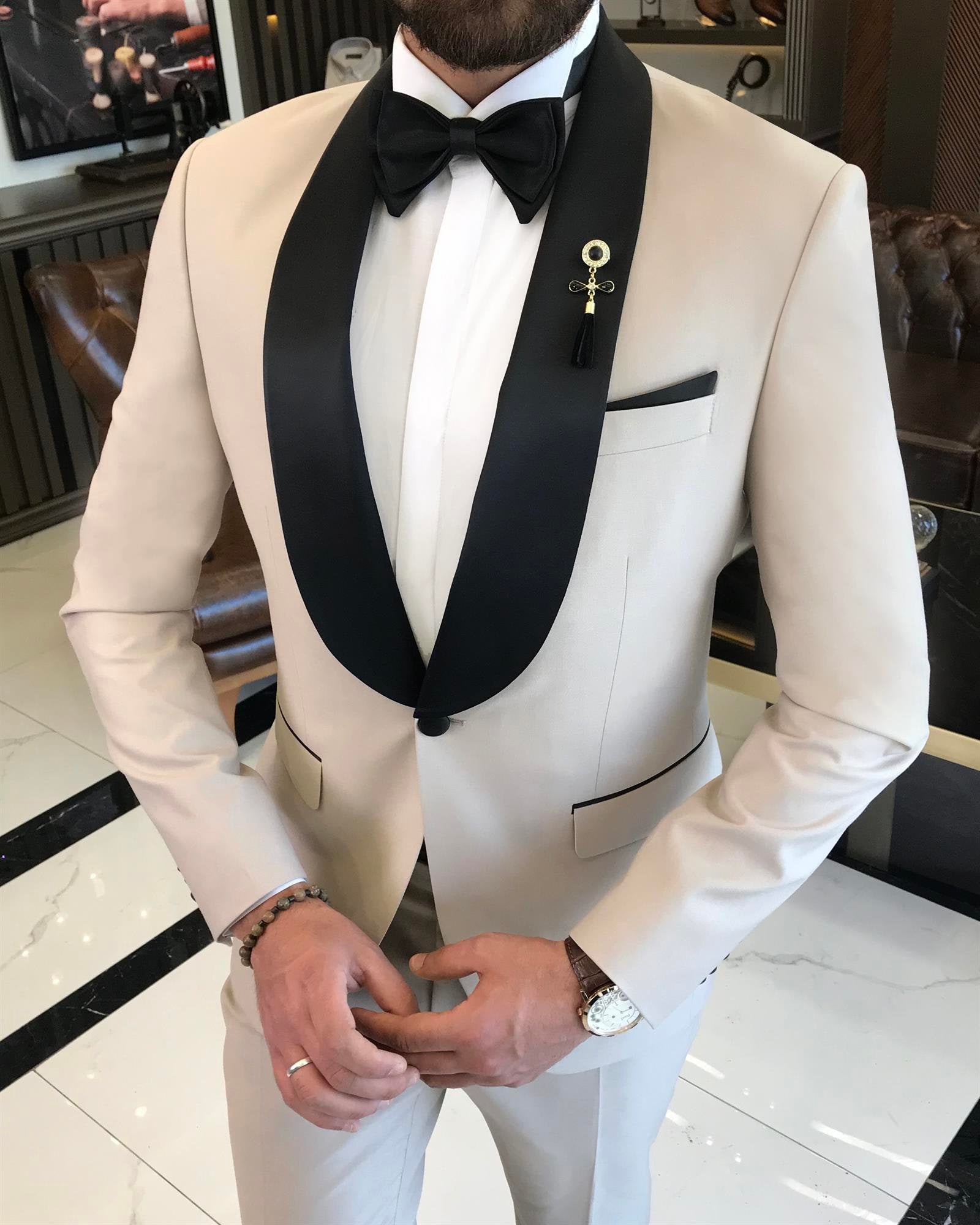 Beige Slim-Fit Tuxedo 2-Piece