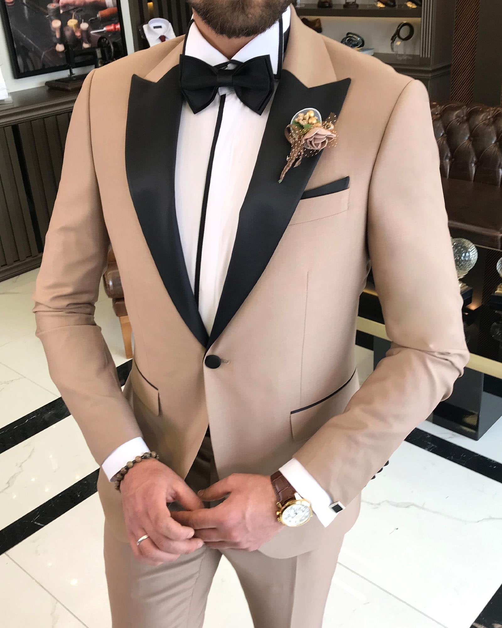 Beige Slim-Fit Tuxedo 2-Piece