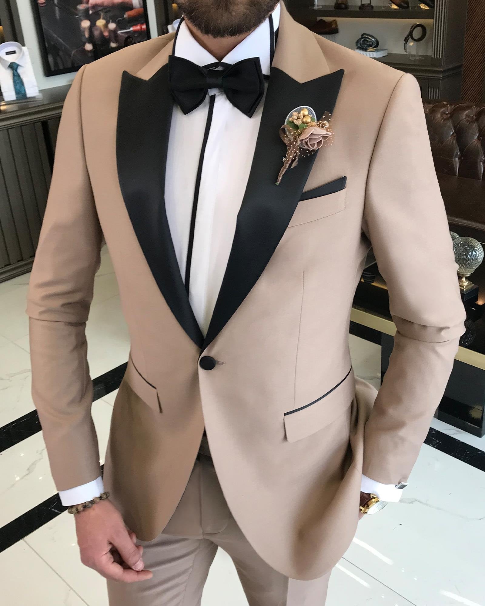 Beige Slim-Fit Tuxedo 2-Piece