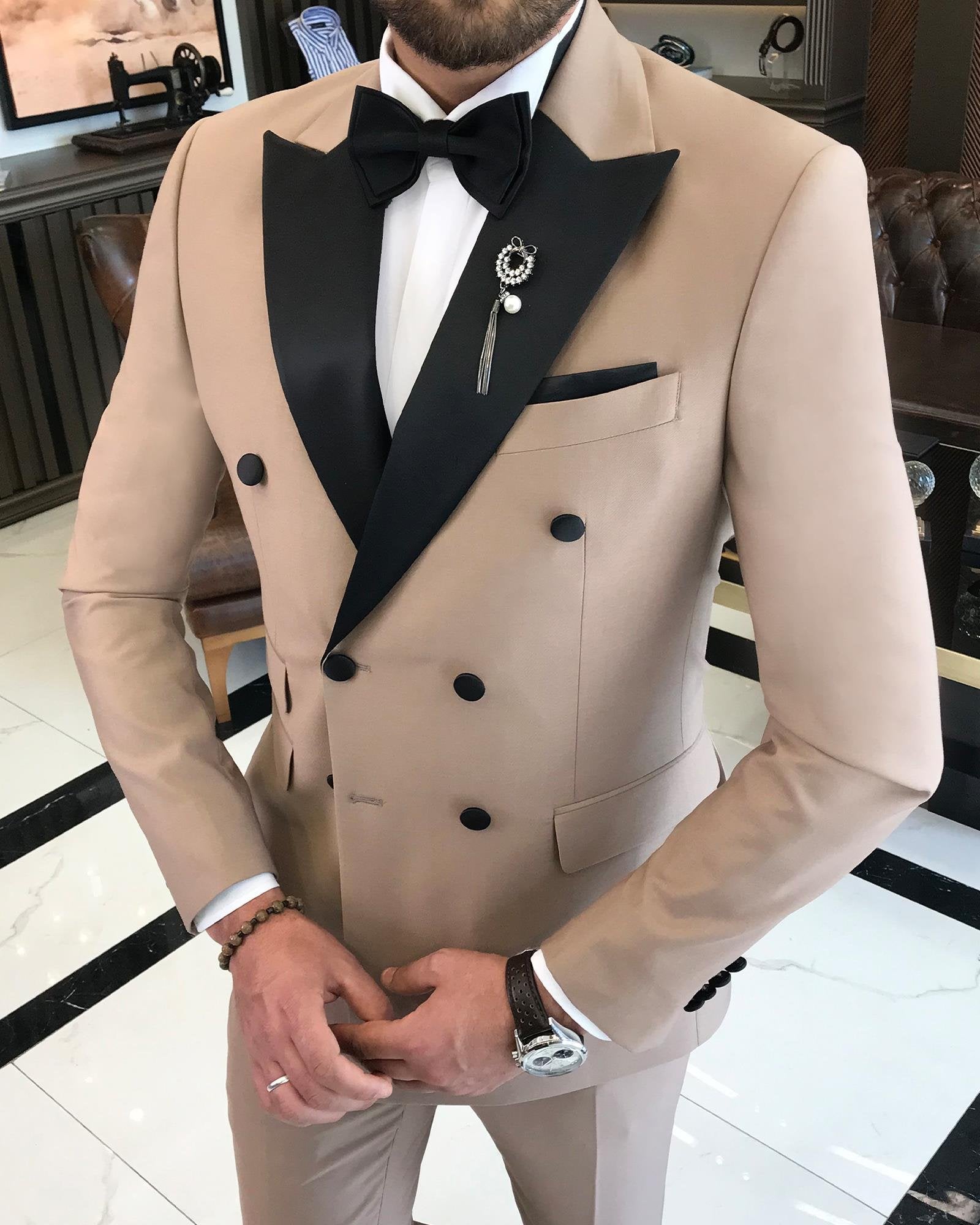 Beige Double Breasted Tuxedo 2-Piece