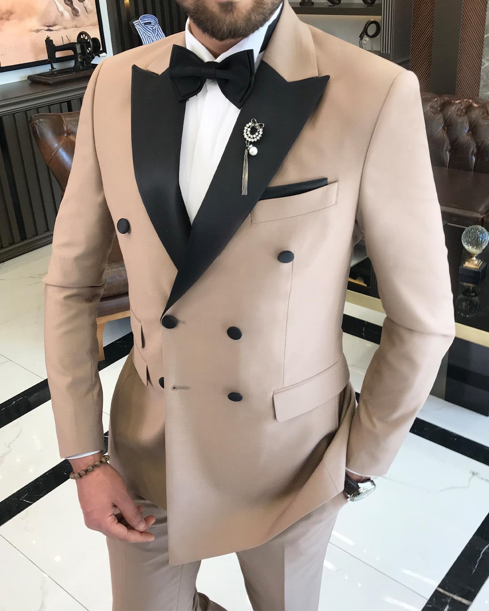 Beige Double Breasted Tuxedo 2-Piece