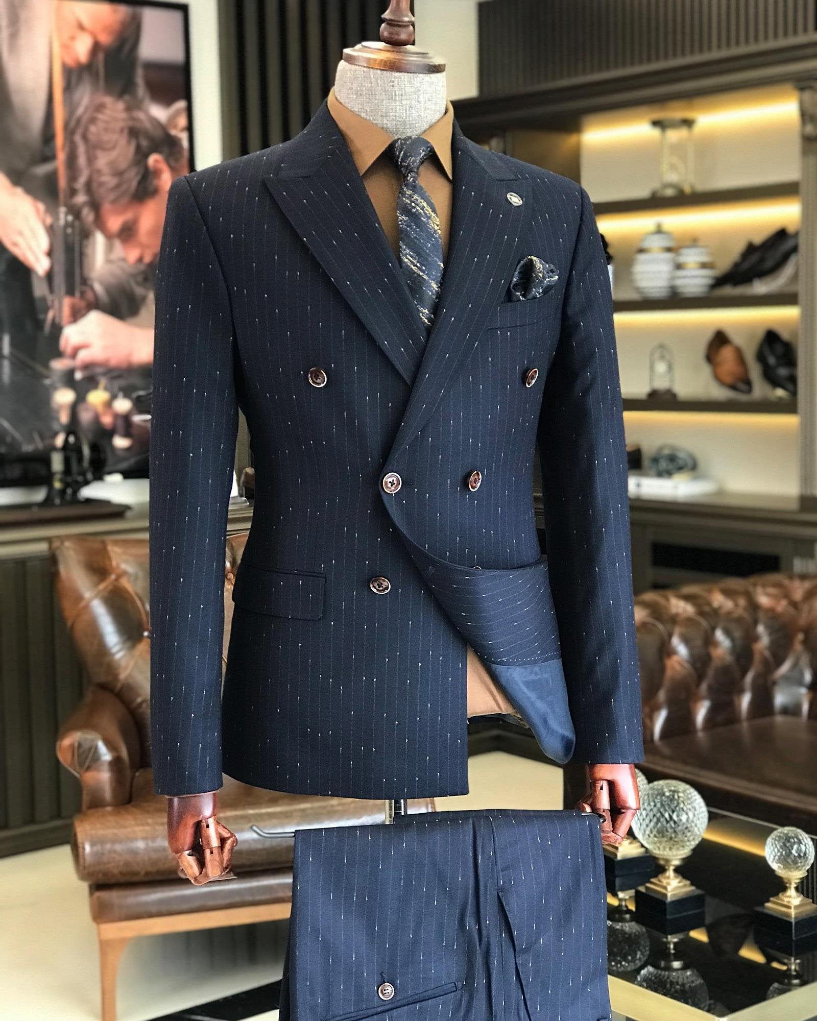 Navy Striped Double Breasted Suit 2-Piece