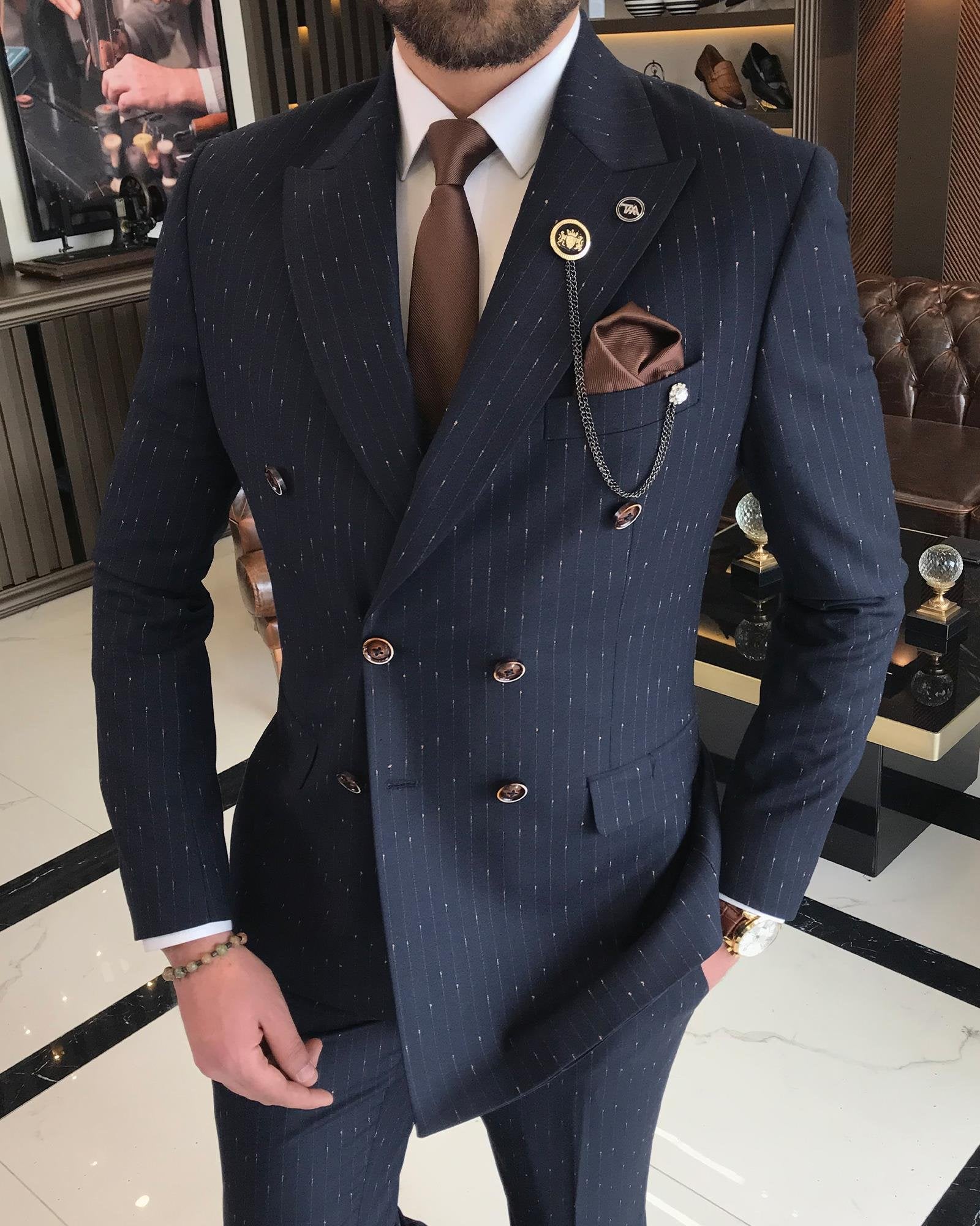 Navy Striped Double Breasted Suit 2-Piece