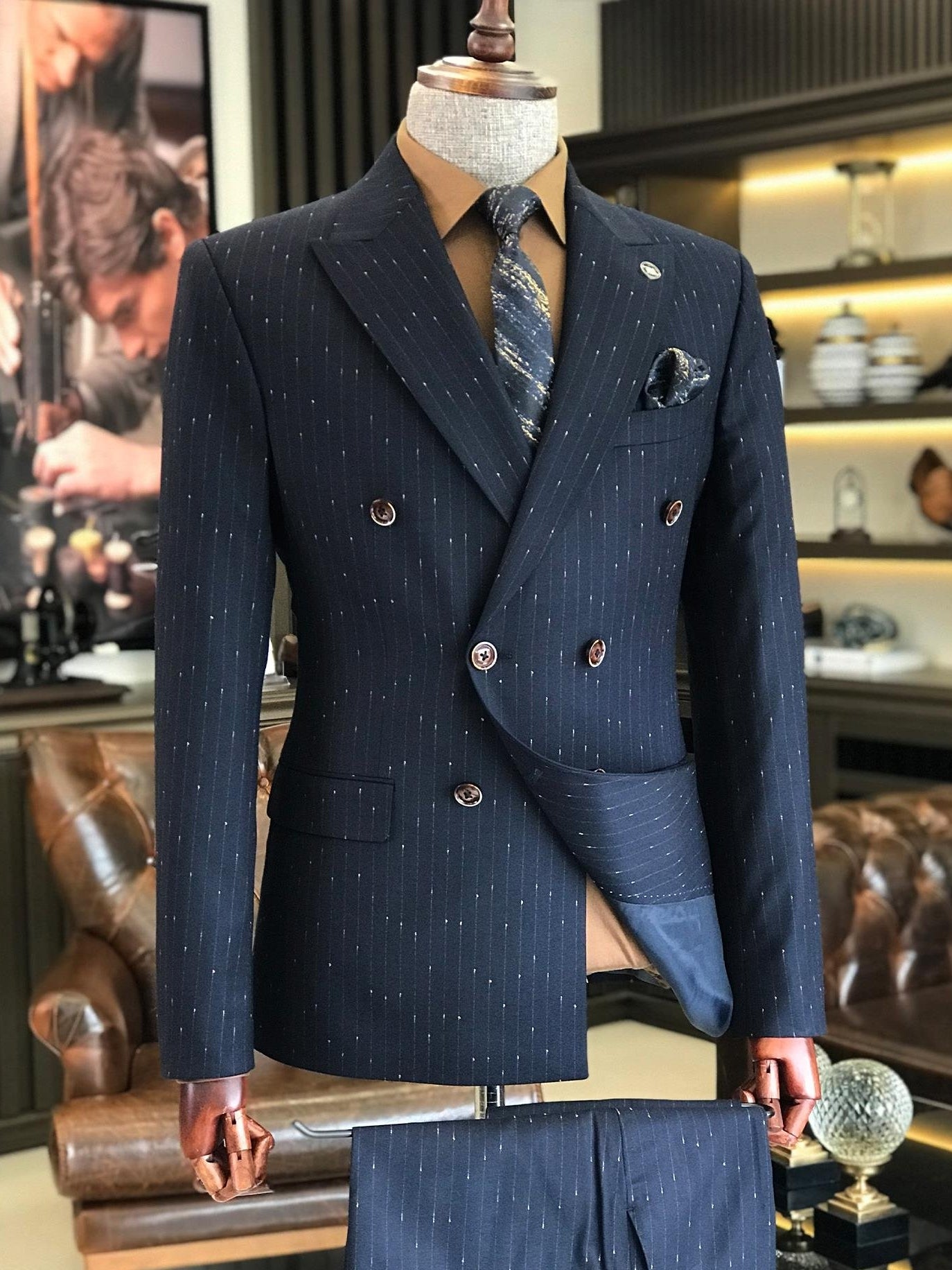 Navy Striped Double Breasted Suit 2-Piece