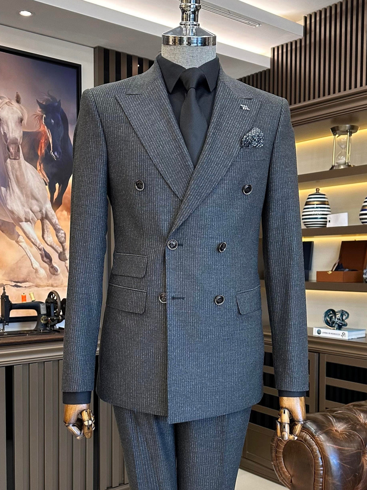 VIOSSI grey striped tuxedo double breasted 2-piece suit front view with peak lapels and matching trousers