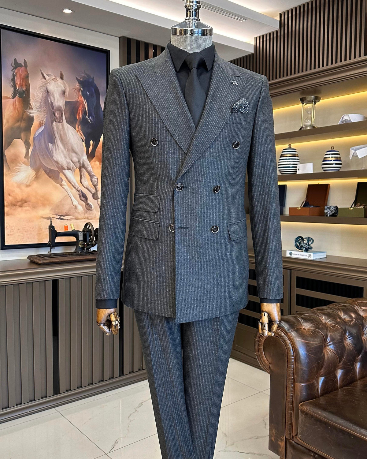 VIOSSI grey striped tuxedo double breasted 2-piece suit front view showing italian suit styles with peak lapels