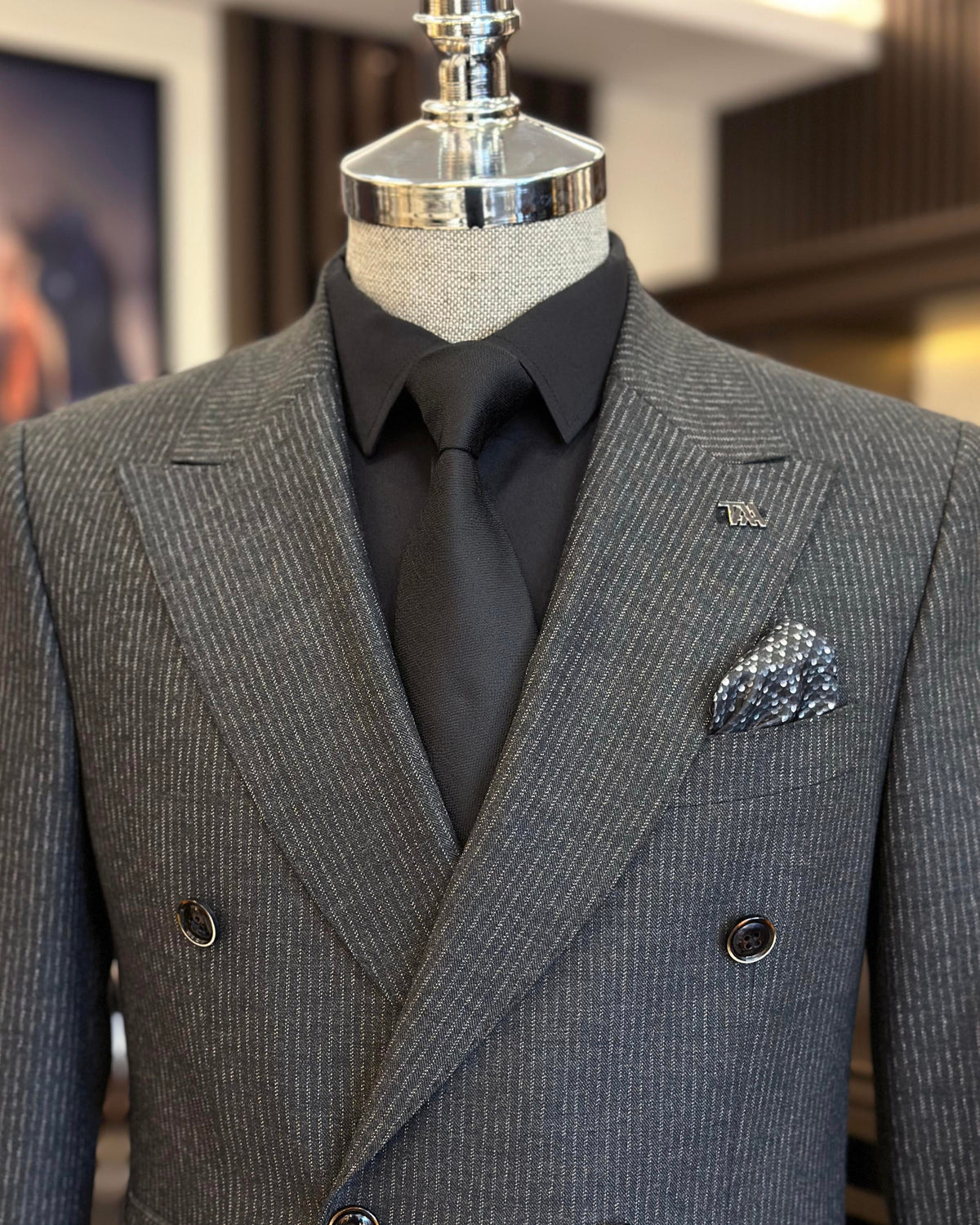 VIOSSI grey striped tuxedo double breasted 2-piece suit front view with peak lapels and italian suit styles tailoring