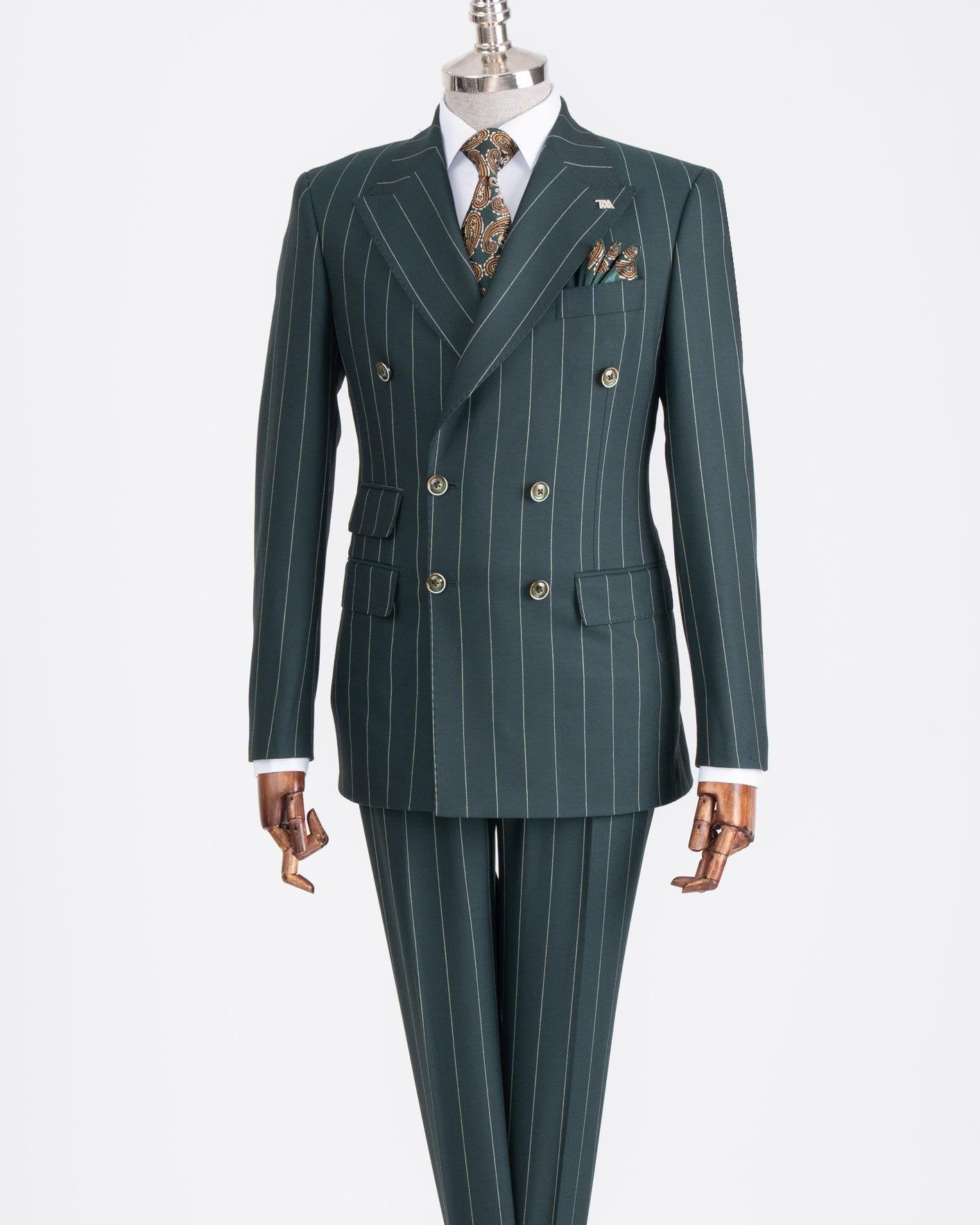 Green Striped Double Breasted Suit 2-Piece