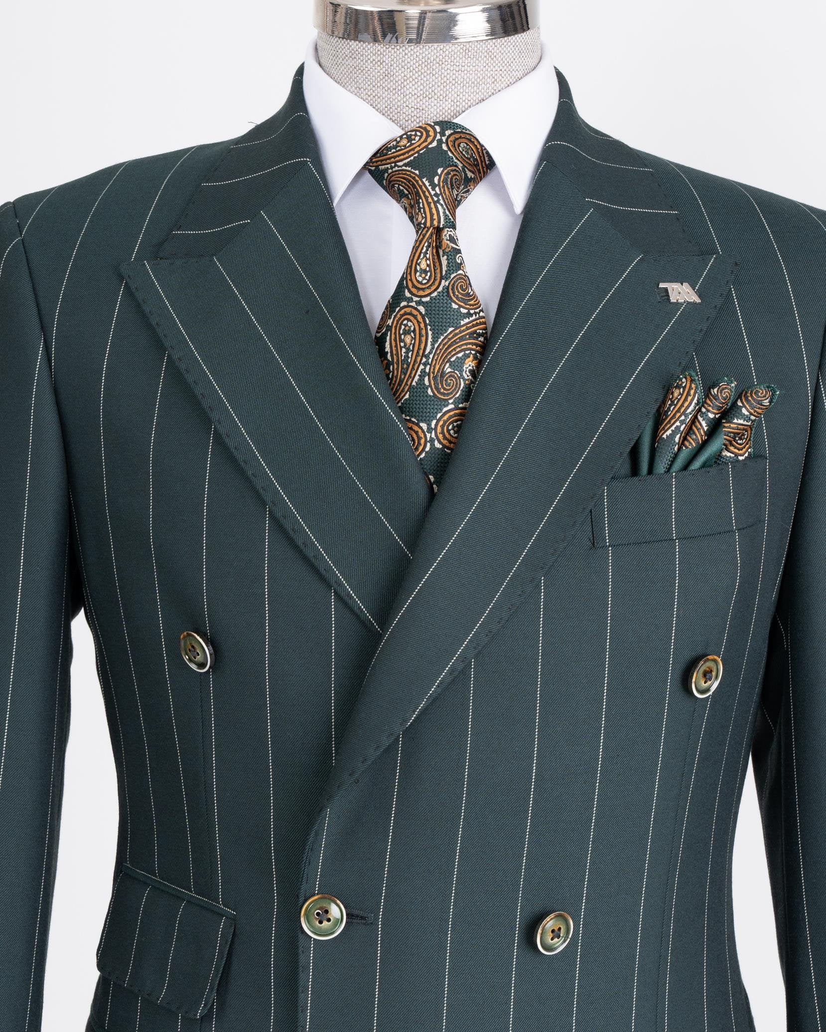 Green Striped Double Breasted Suit 2-Piece