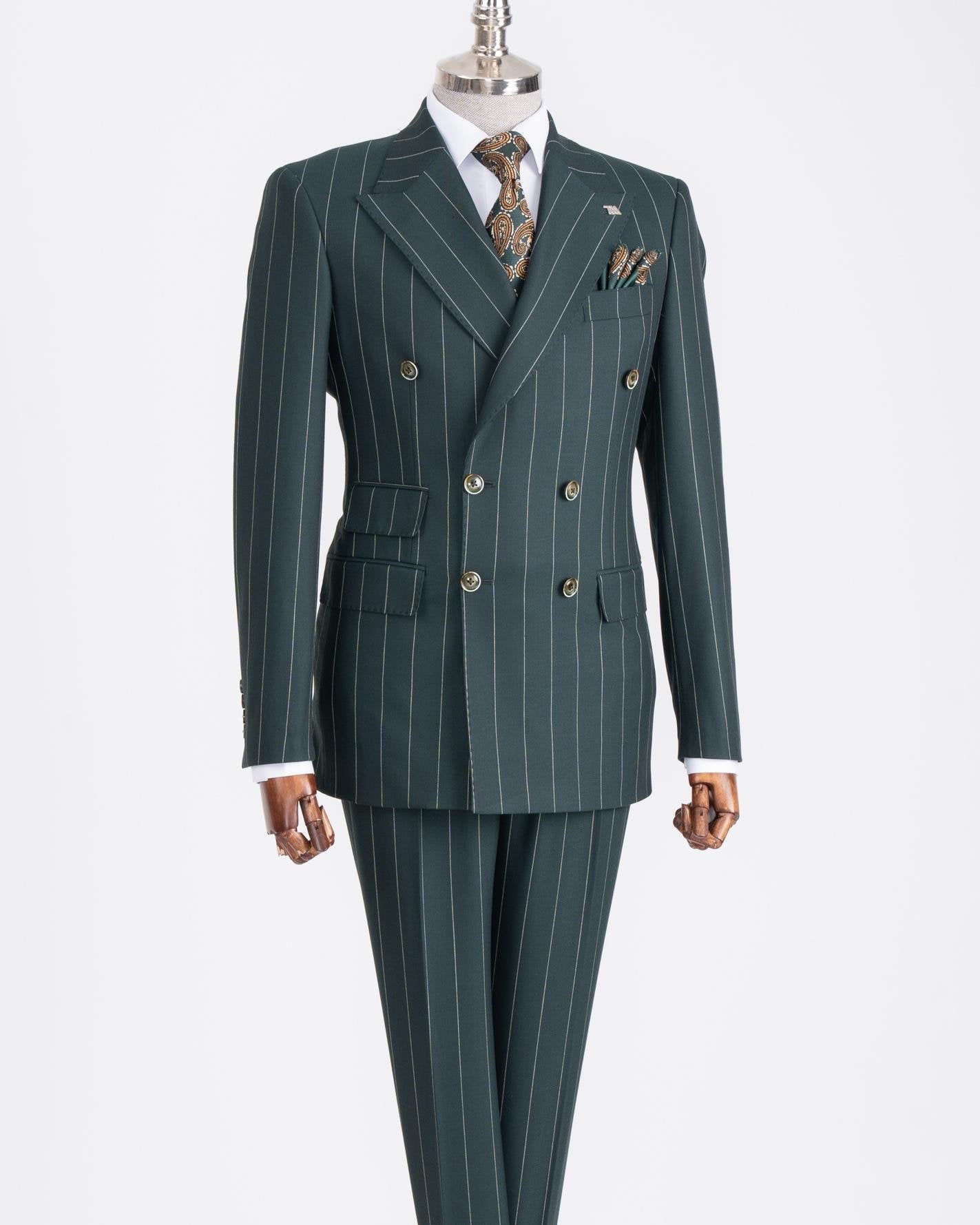 Green Striped Double Breasted Suit 2-Piece